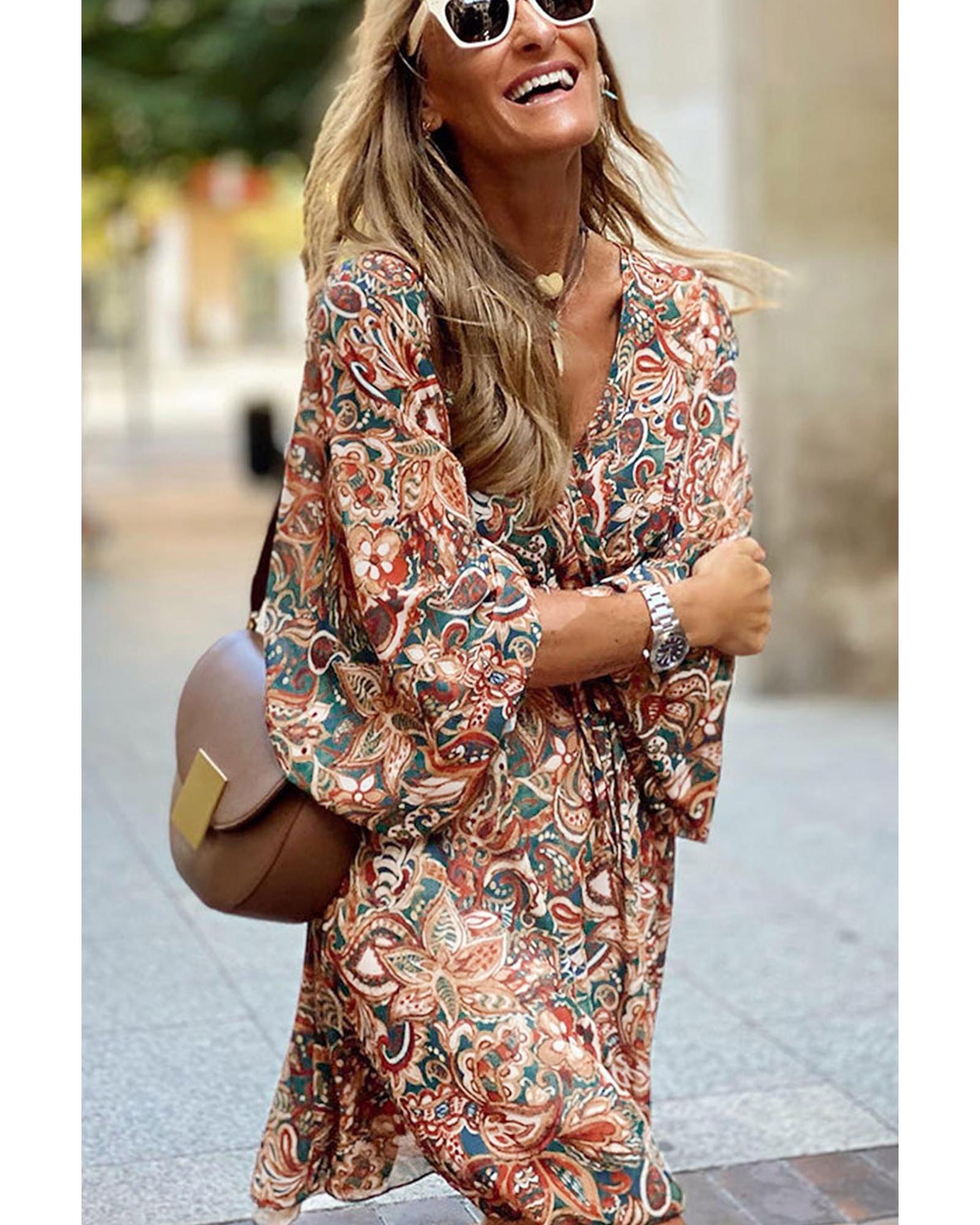 Brown Geometric Print Long Sleeve Surplice Flowy Dress - M