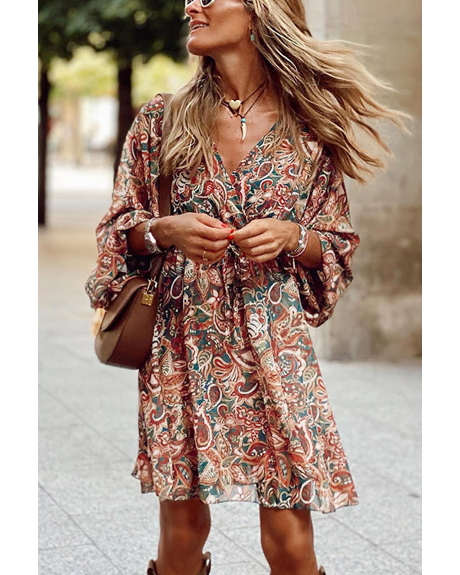 Brown Geometric Print Long Sleeve Surplice Flowy Dress - M 5