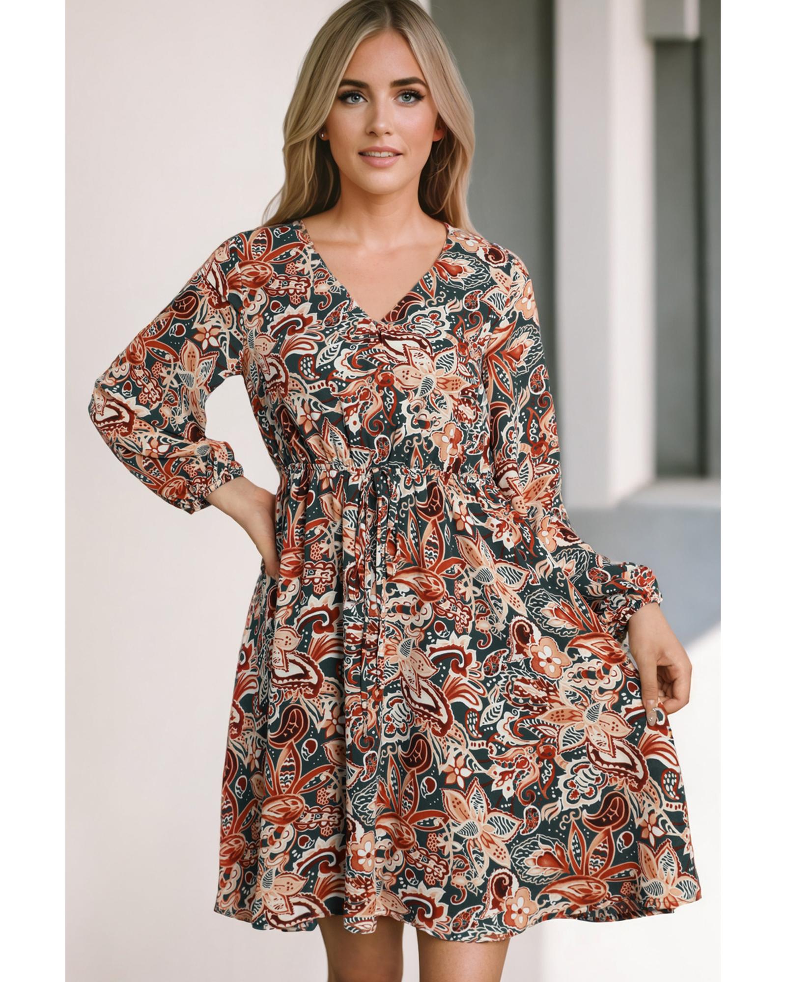 Brown Geometric Print Long Sleeve Surplice Flowy Dress - M 7