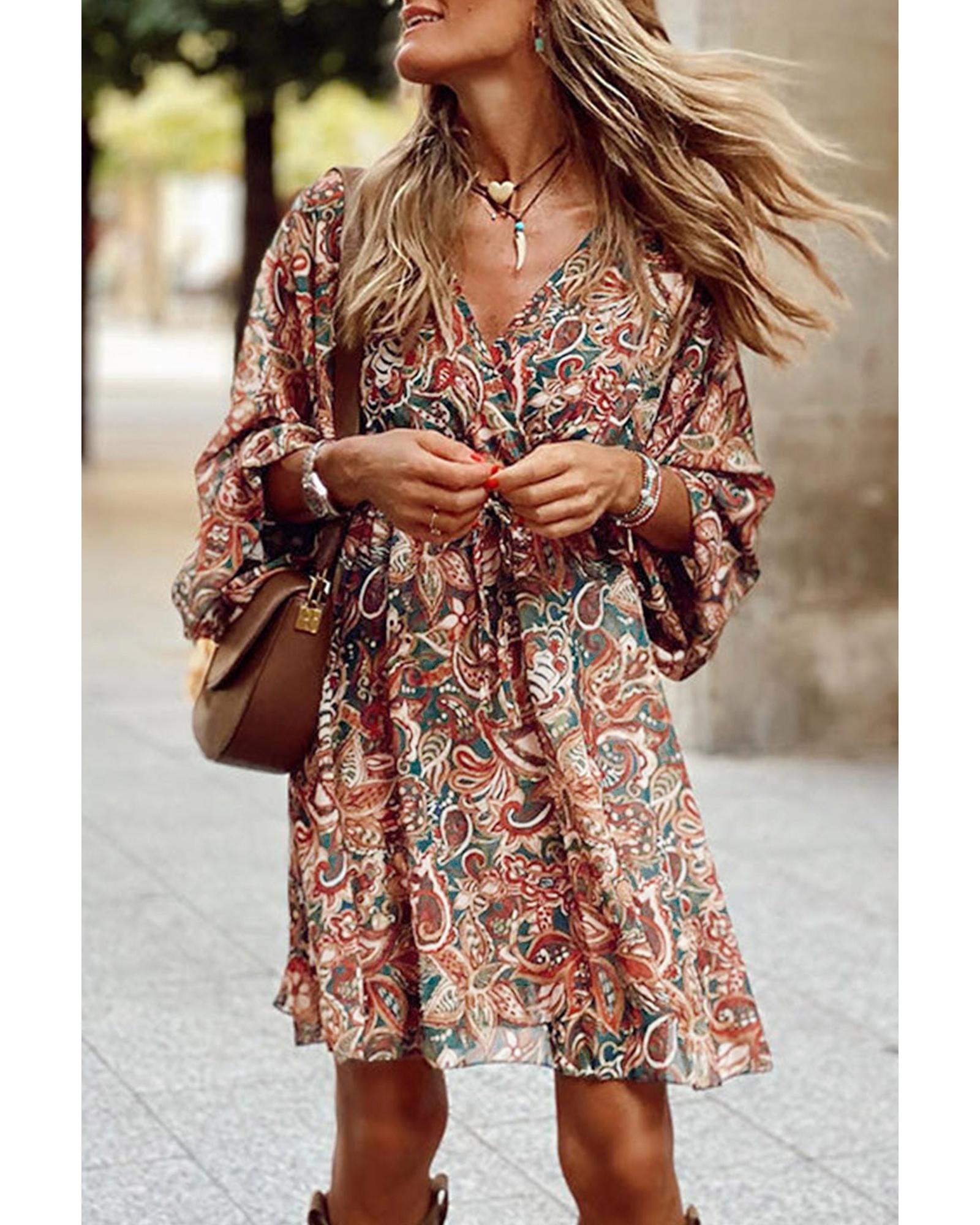 Brown Geometric Print Long Sleeve Surplice Flowy Dress - S 3