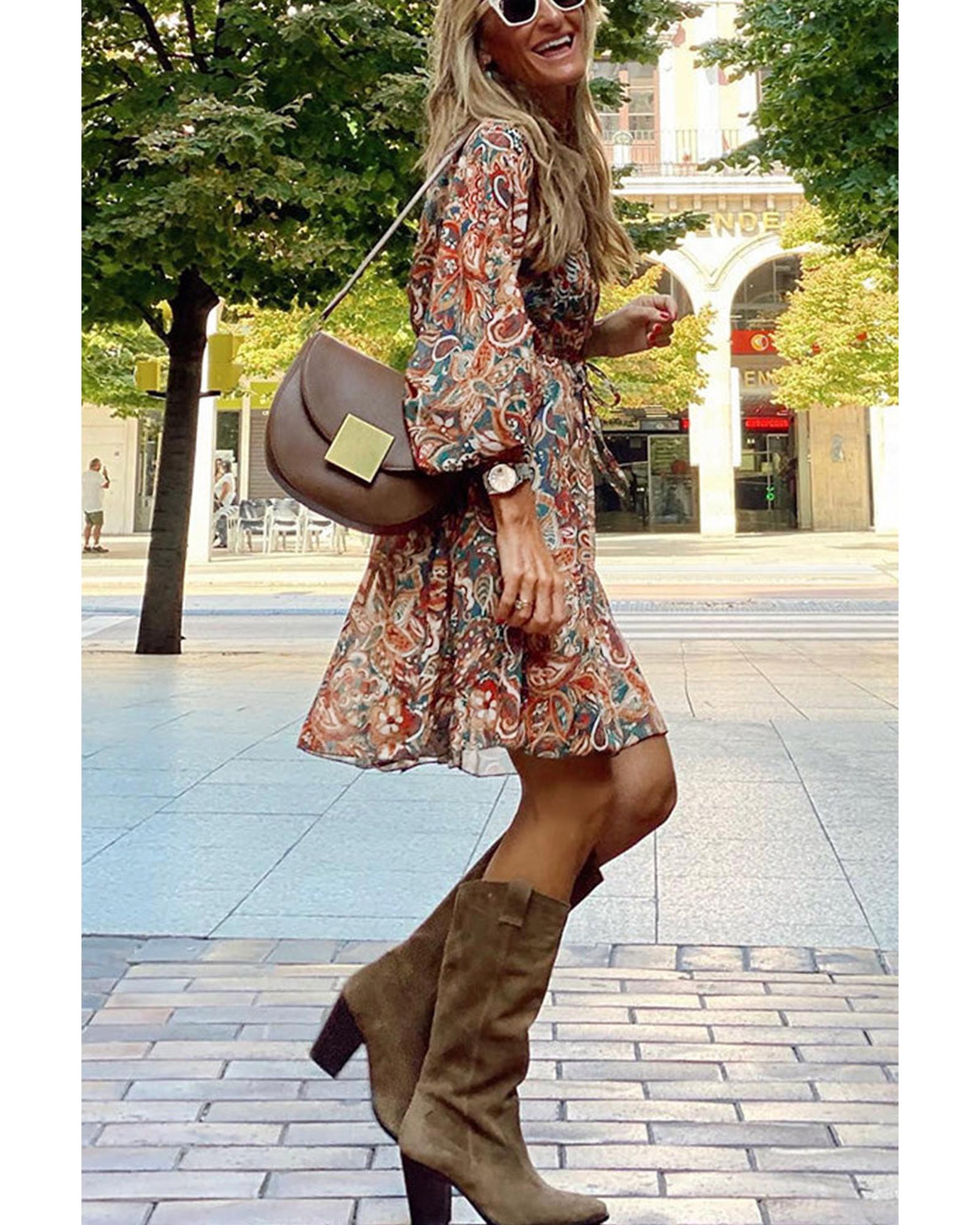 Brown Geometric Print Long Sleeve Surplice Flowy Dress - S 5