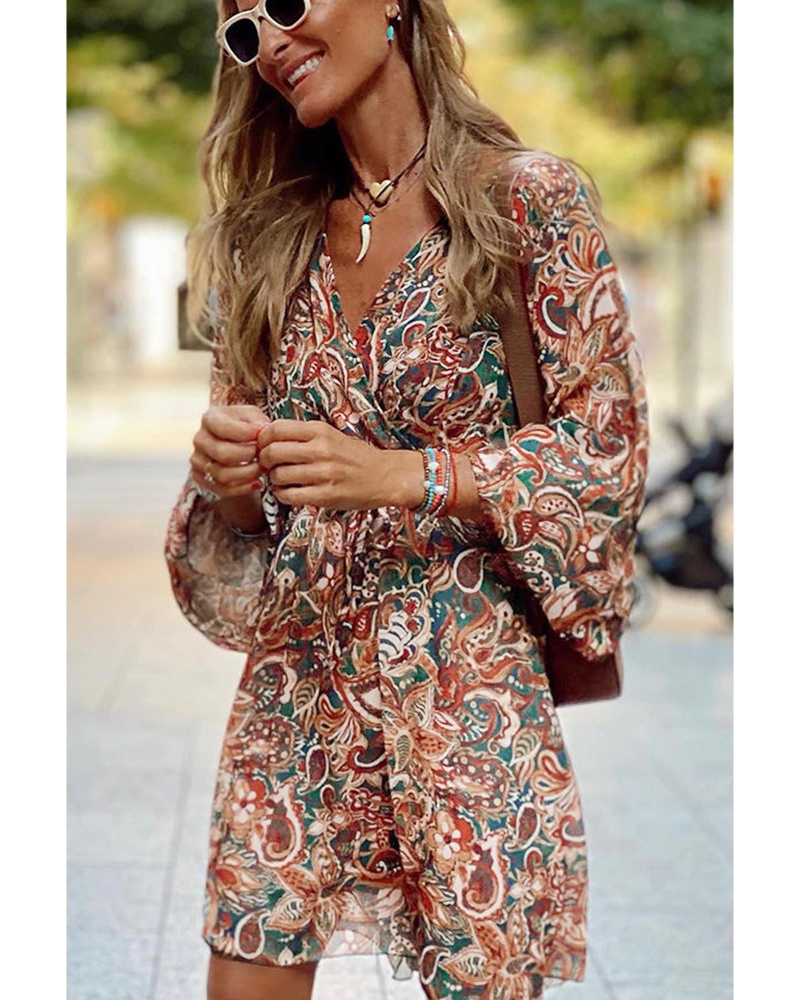 Brown Geometric Print Long Sleeve Surplice Flowy Dress - S 6