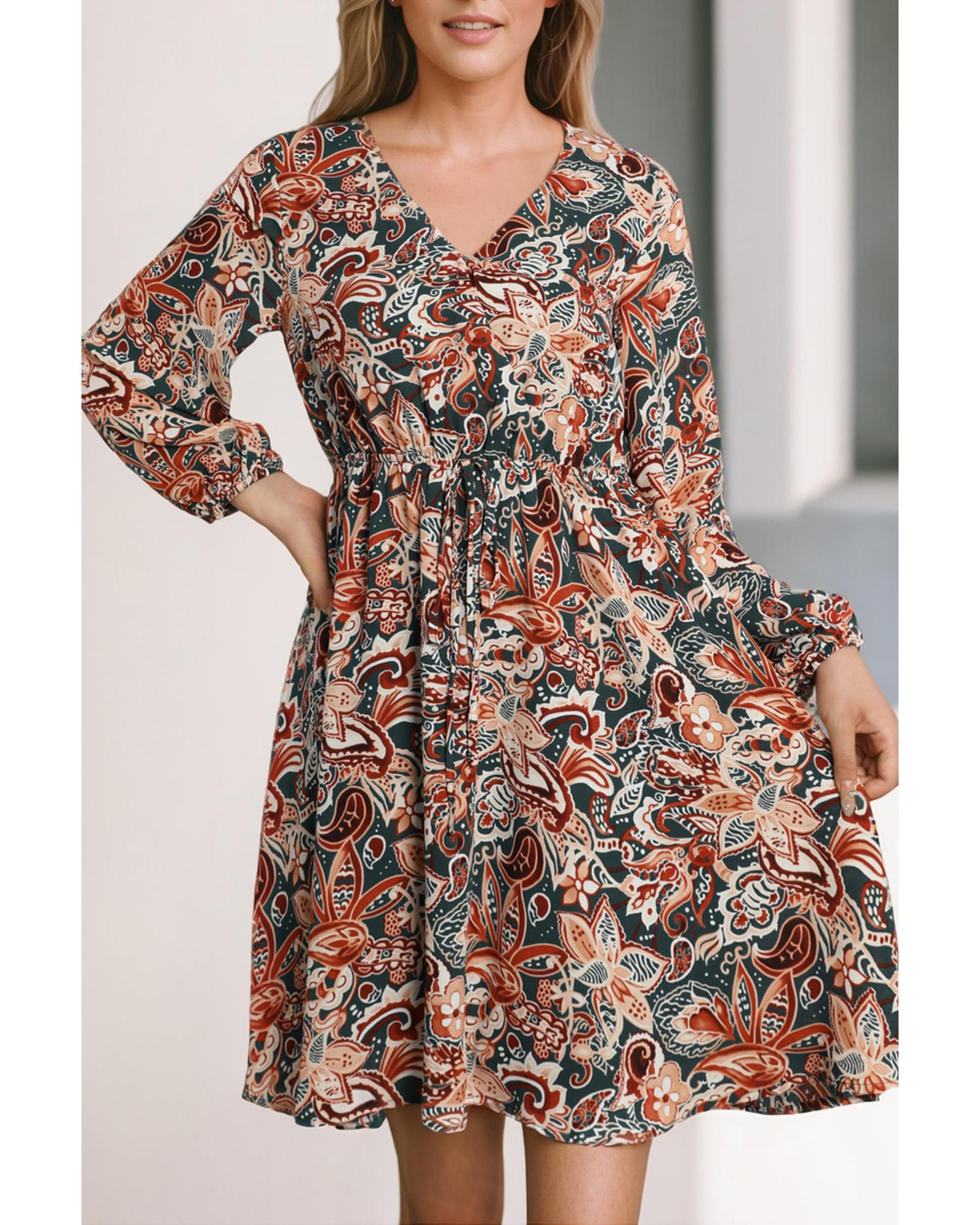 Brown Geometric Print Long Sleeve Surplice Flowy Dress - XL