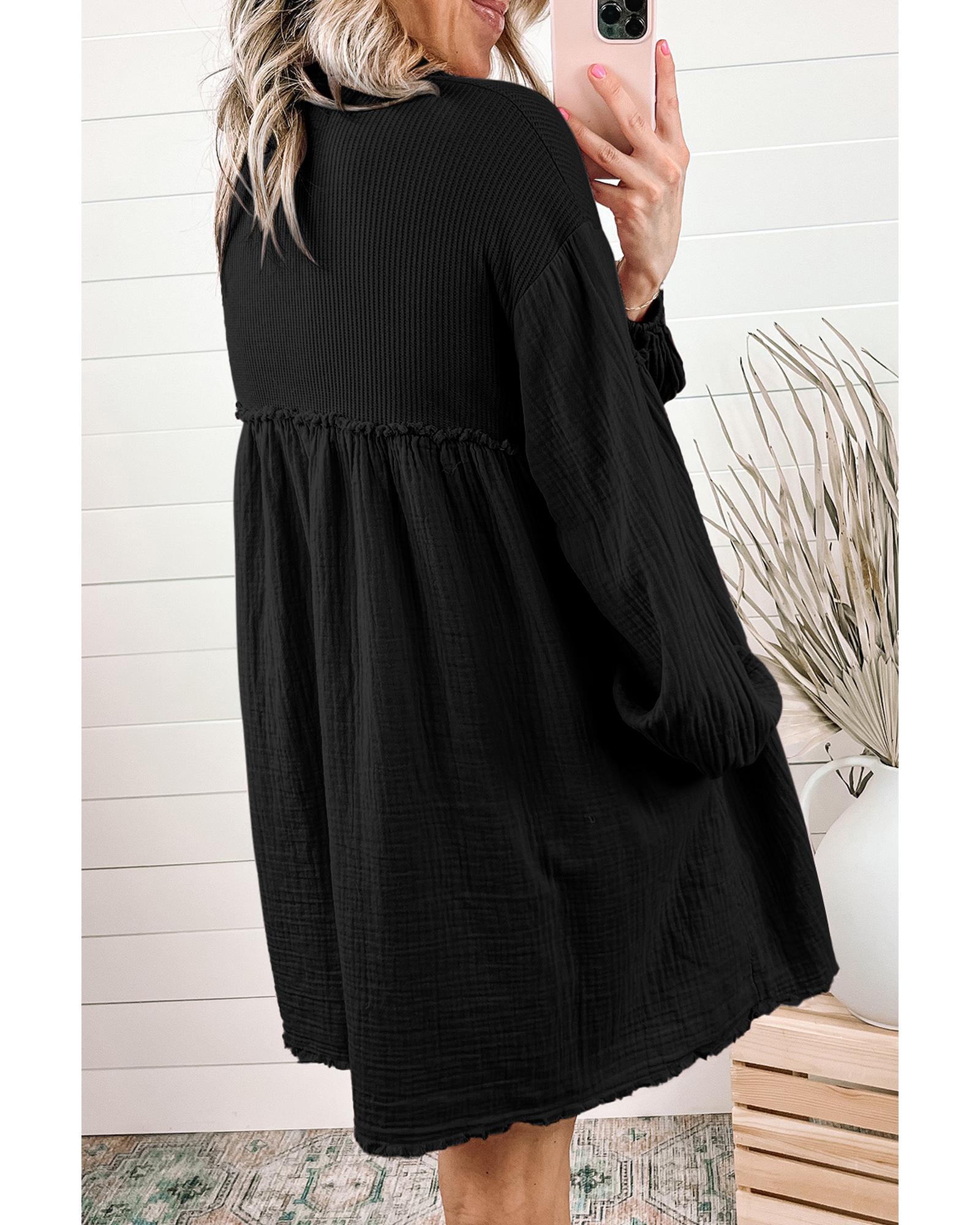 Azura Exchange Black Patchwork Crinkle Puff Sleeve Shirt Dress - L