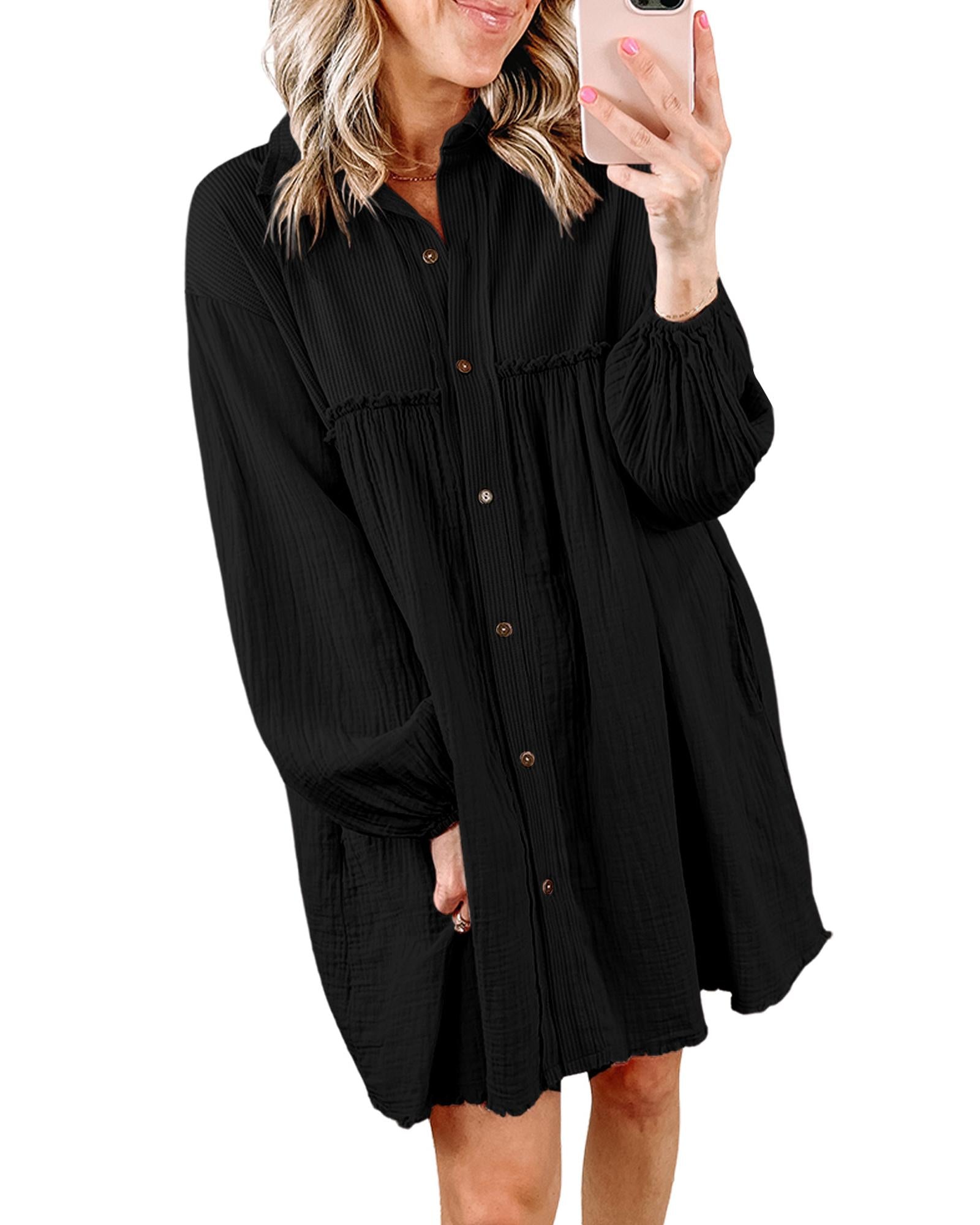 Azura Exchange Black Patchwork Crinkle Puff Sleeve Shirt Dress - M