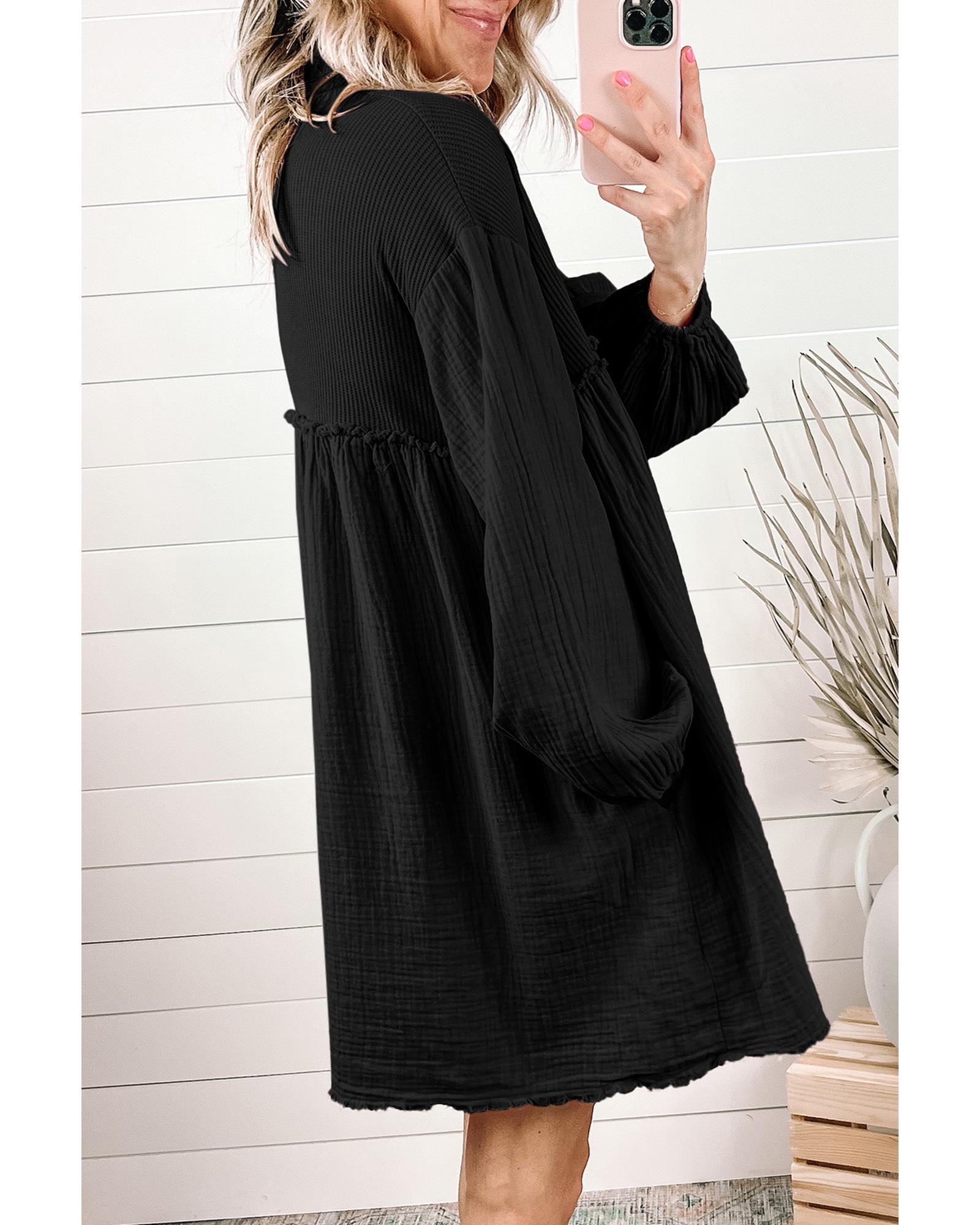 Azura Exchange Black Patchwork Crinkle Puff Sleeve Shirt Dress - M 3