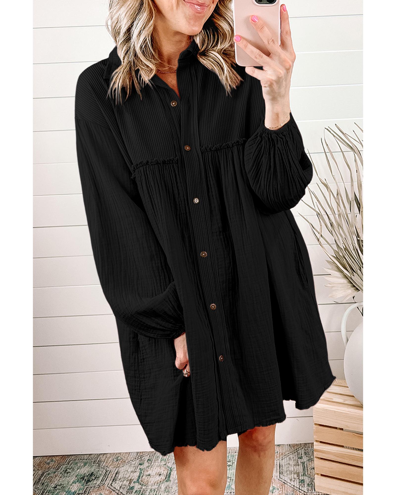 Azura Exchange Black Patchwork Crinkle Puff Sleeve Shirt Dress - M 4