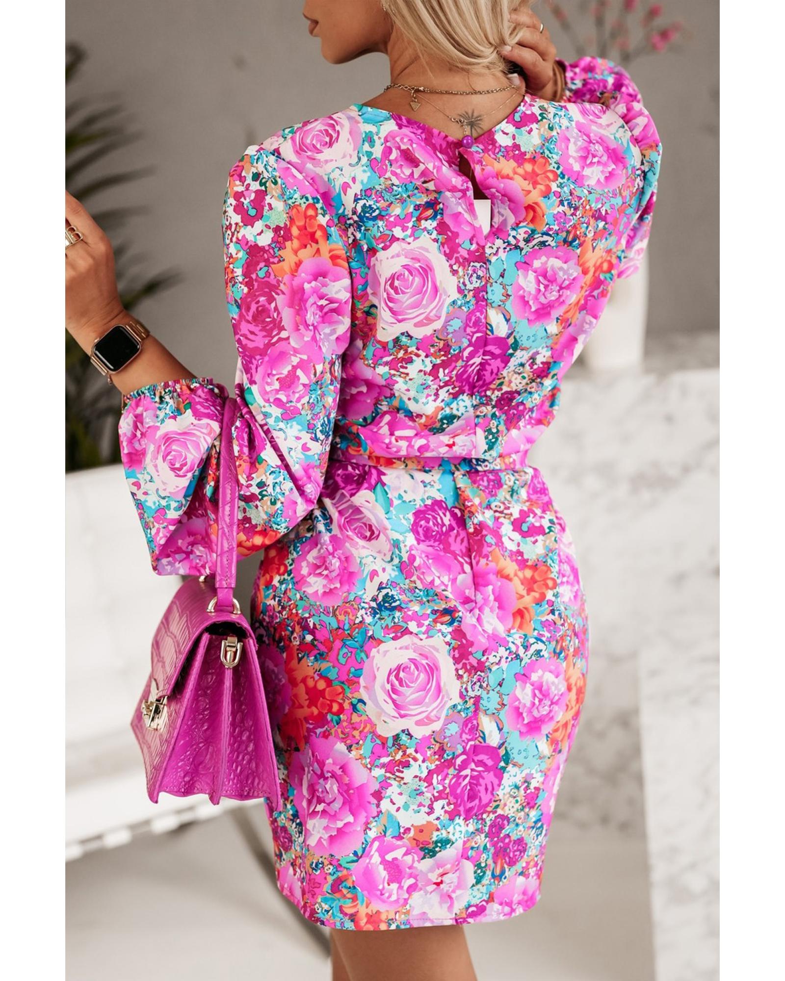 Azura Exchange Purple Floral Keyhole Back Long Sleeve Belted Dress - XL 4