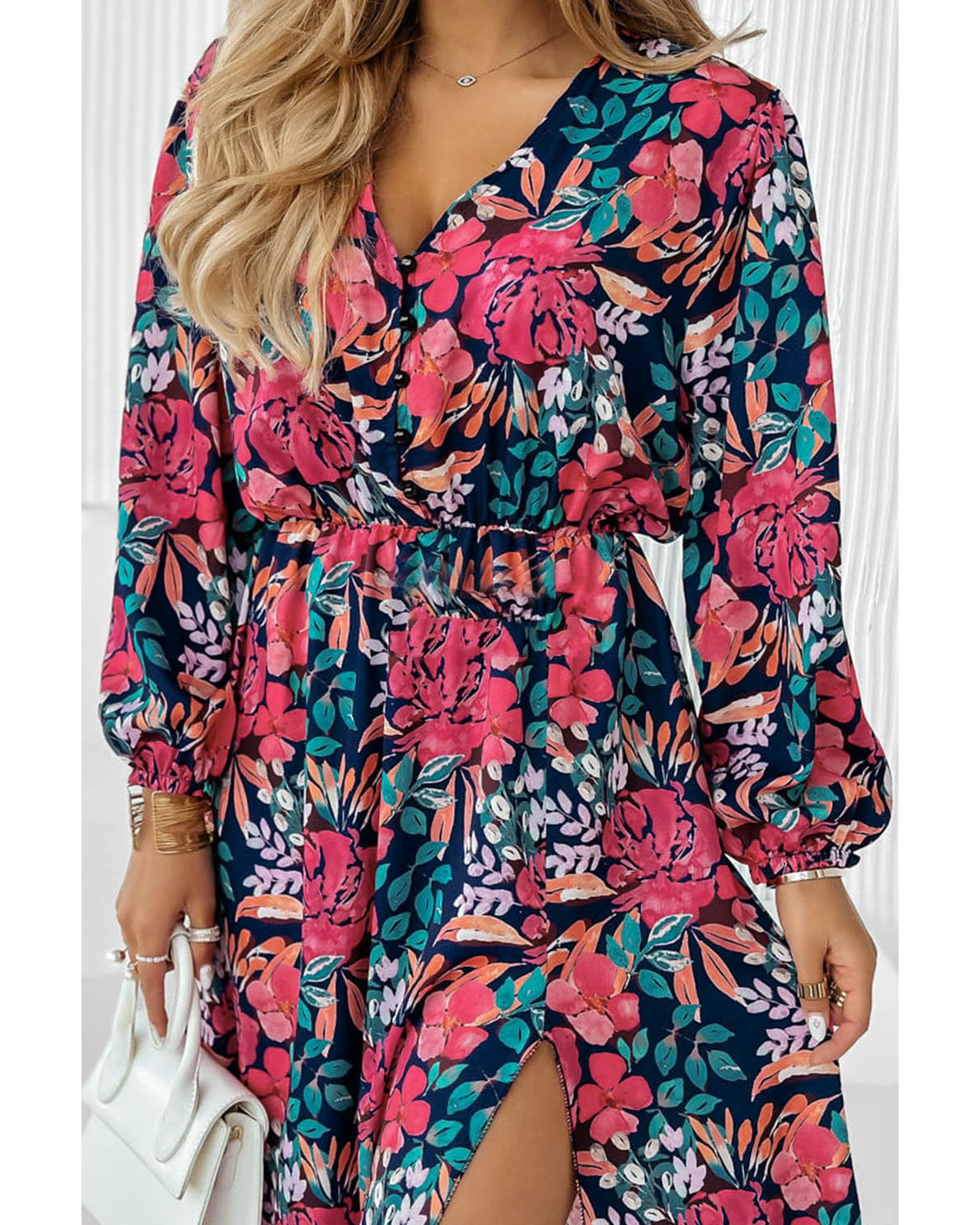 Azura Exchange Red V Neck Elastic High Waist Split Floral Dress - M 4
