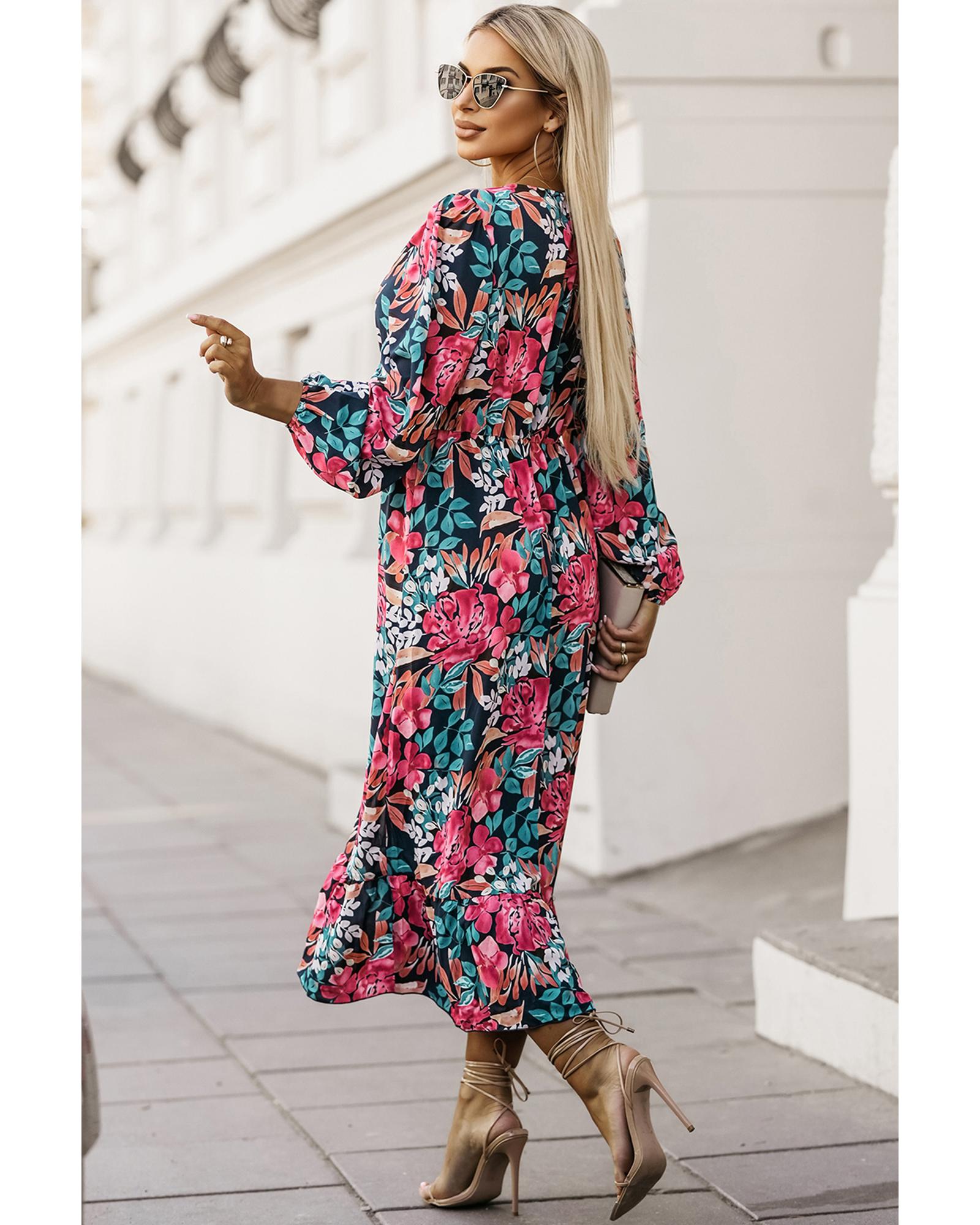 Azura Exchange Red V Neck Elastic High Waist Split Floral Dress - M 6