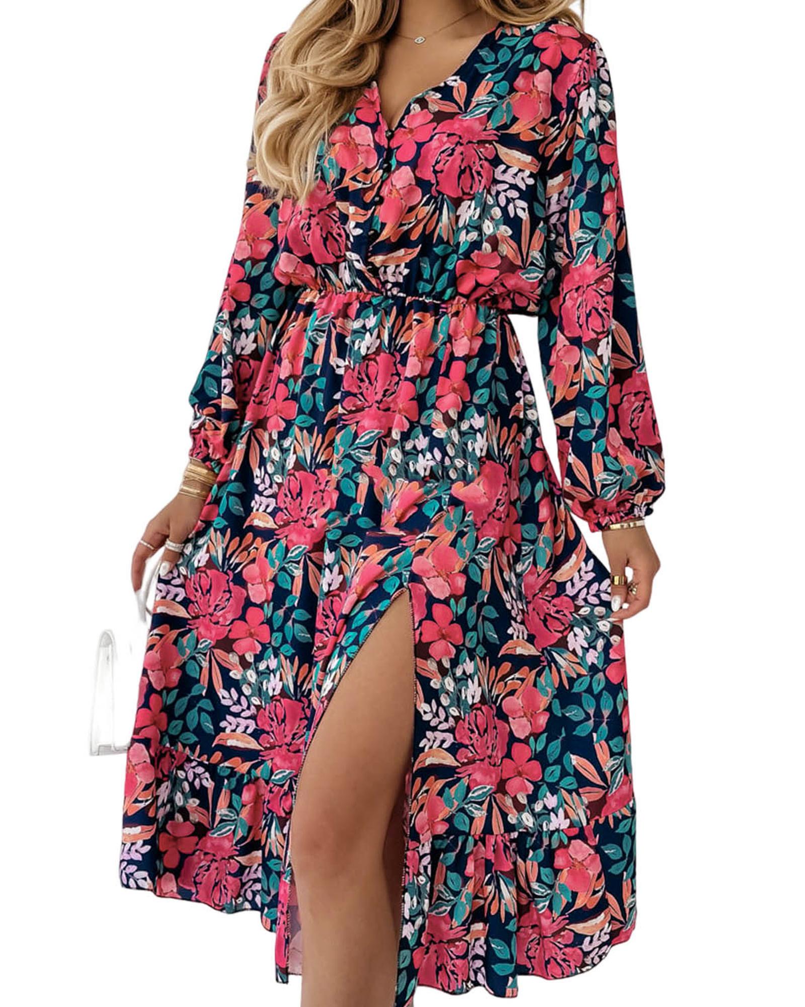 Azura Exchange Red V Neck Elastic High Waist Split Floral Dress - M 7