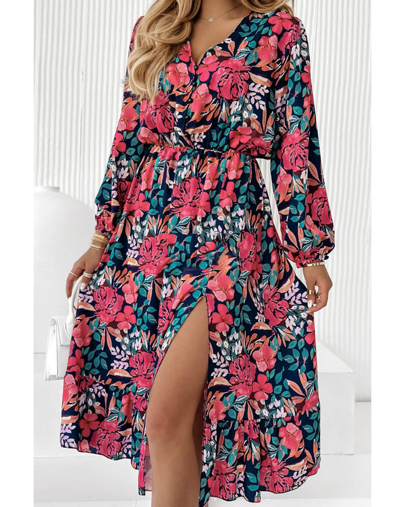 Azura Exchange Red V Neck Elastic High Waist Split Floral Dress - M 8