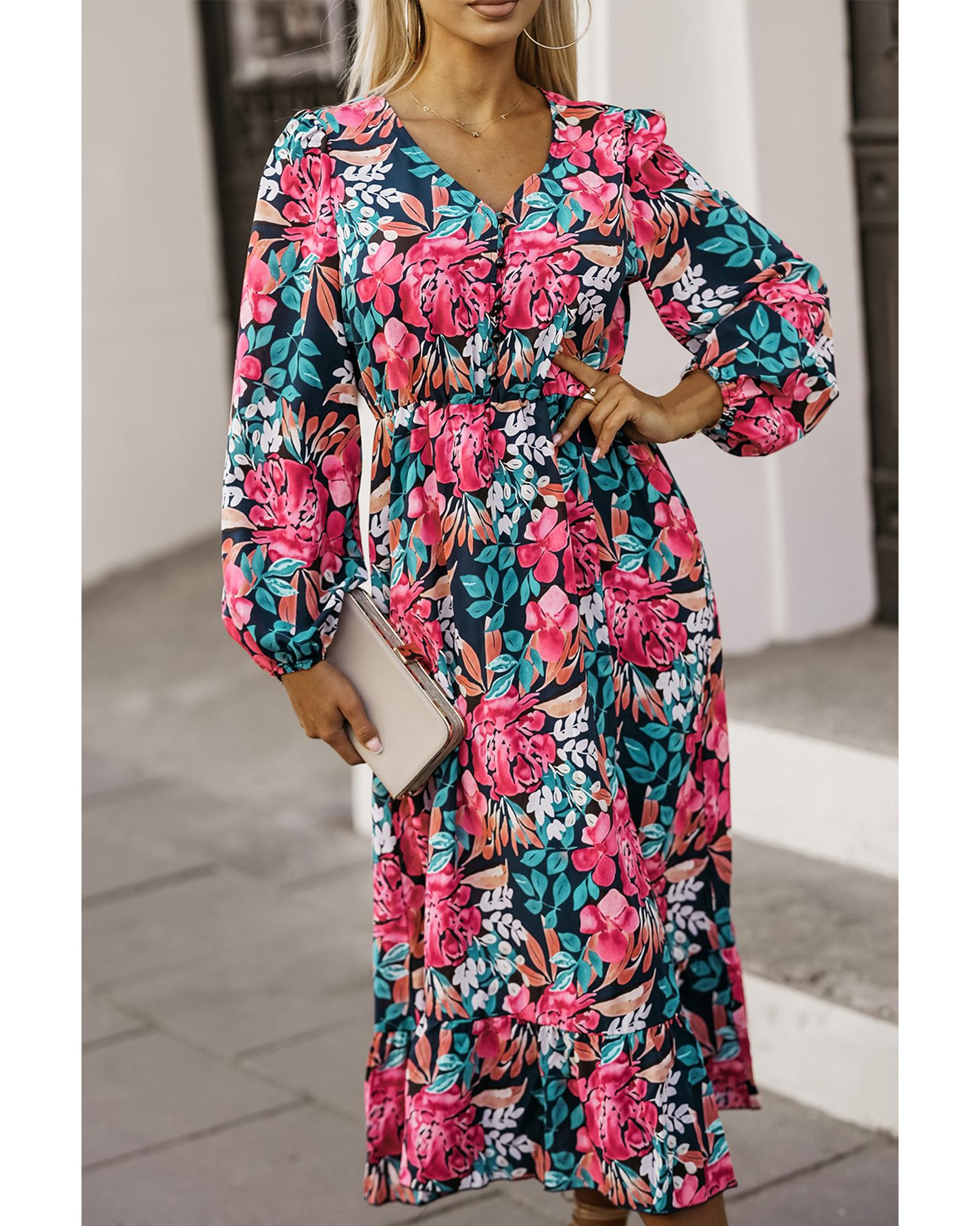 Azura Exchange Red V Neck Elastic High Waist Split Floral Dress - S 3
