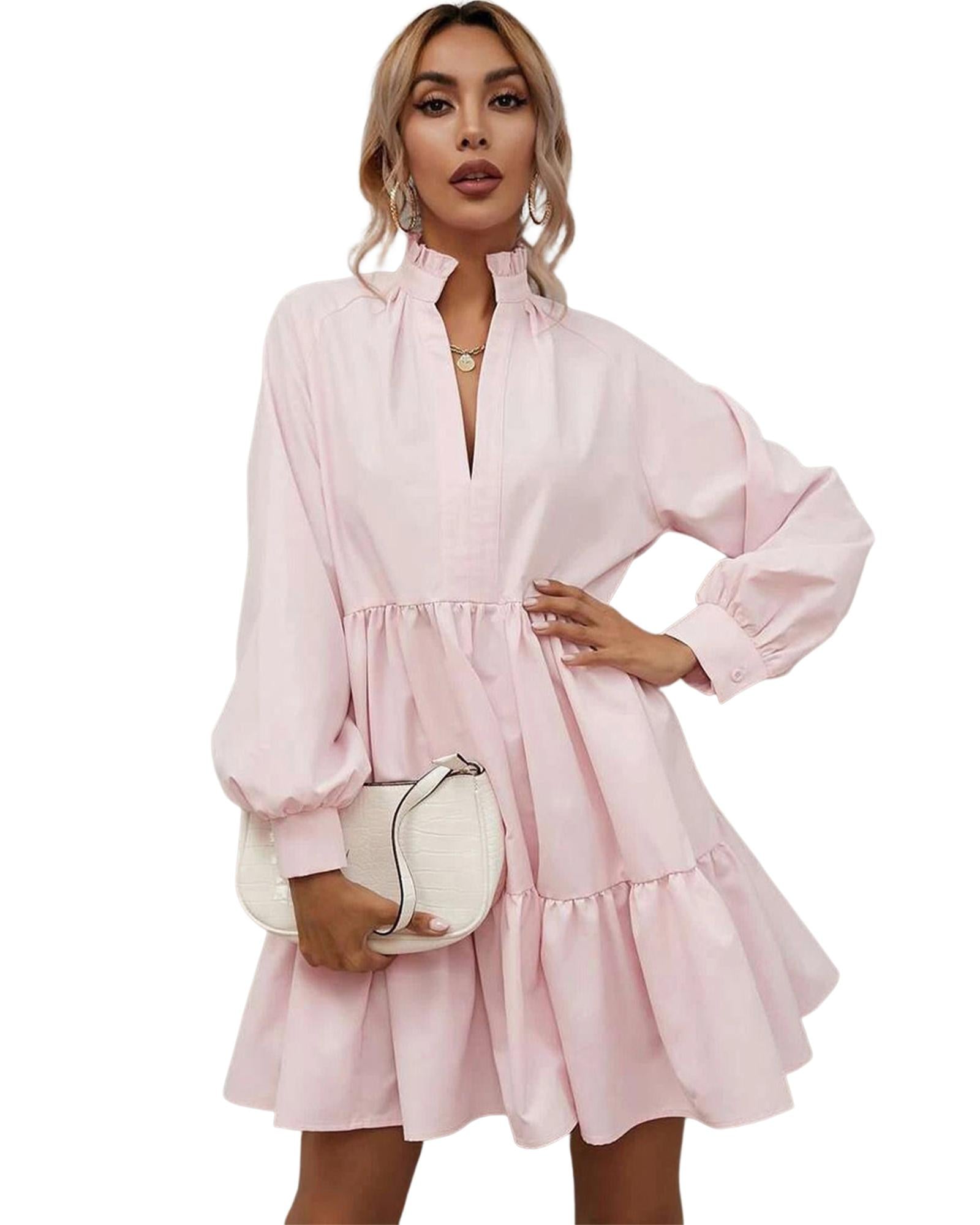 Pink Frilled Stand Collar Long Sleeve Ruffle Dress - L