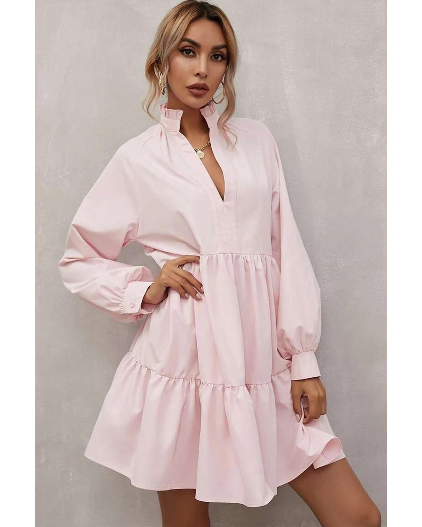 Pink Frilled Stand Collar Long Sleeve Ruffle Dress - L 5