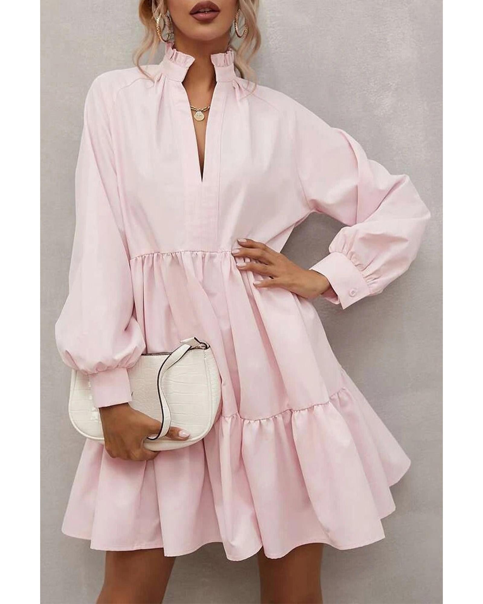 Pink Frilled Stand Collar Long Sleeve Ruffle Dress - XL 3