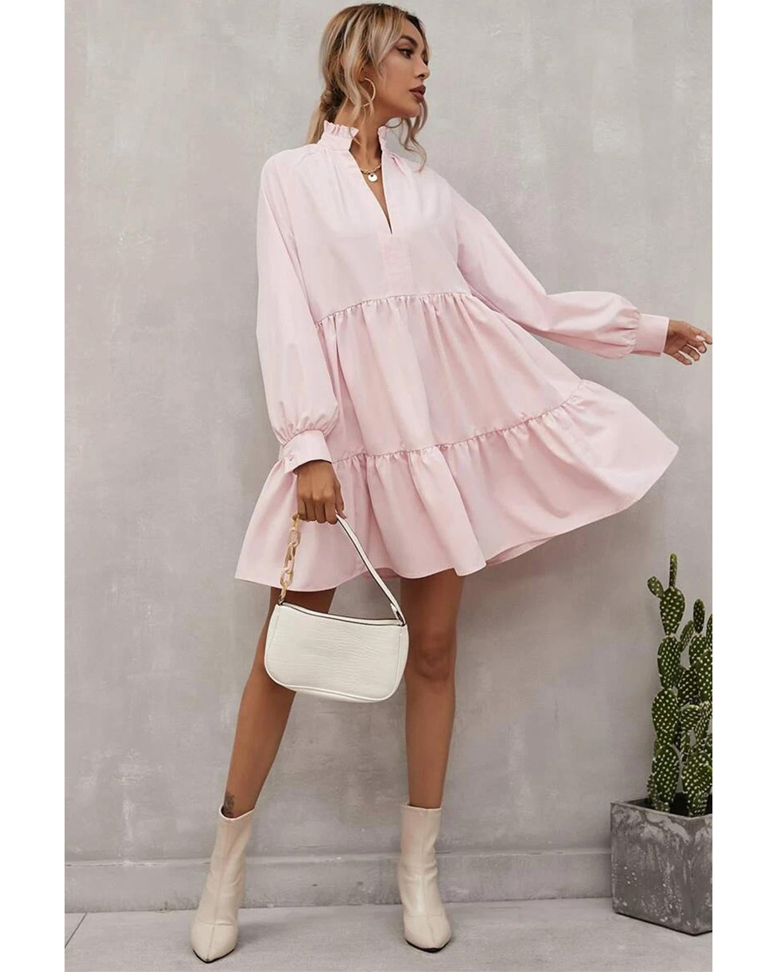 Pink Frilled Stand Collar Long Sleeve Ruffle Dress - XL 4