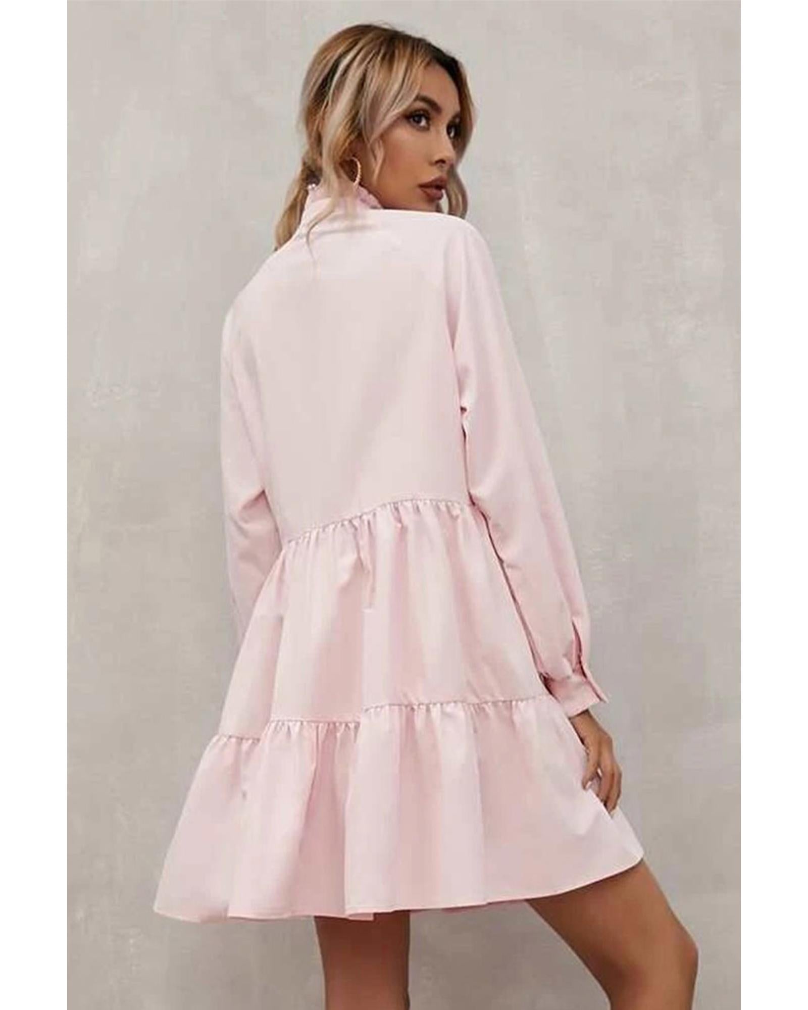 Pink Frilled Stand Collar Long Sleeve Ruffle Dress - XL 6