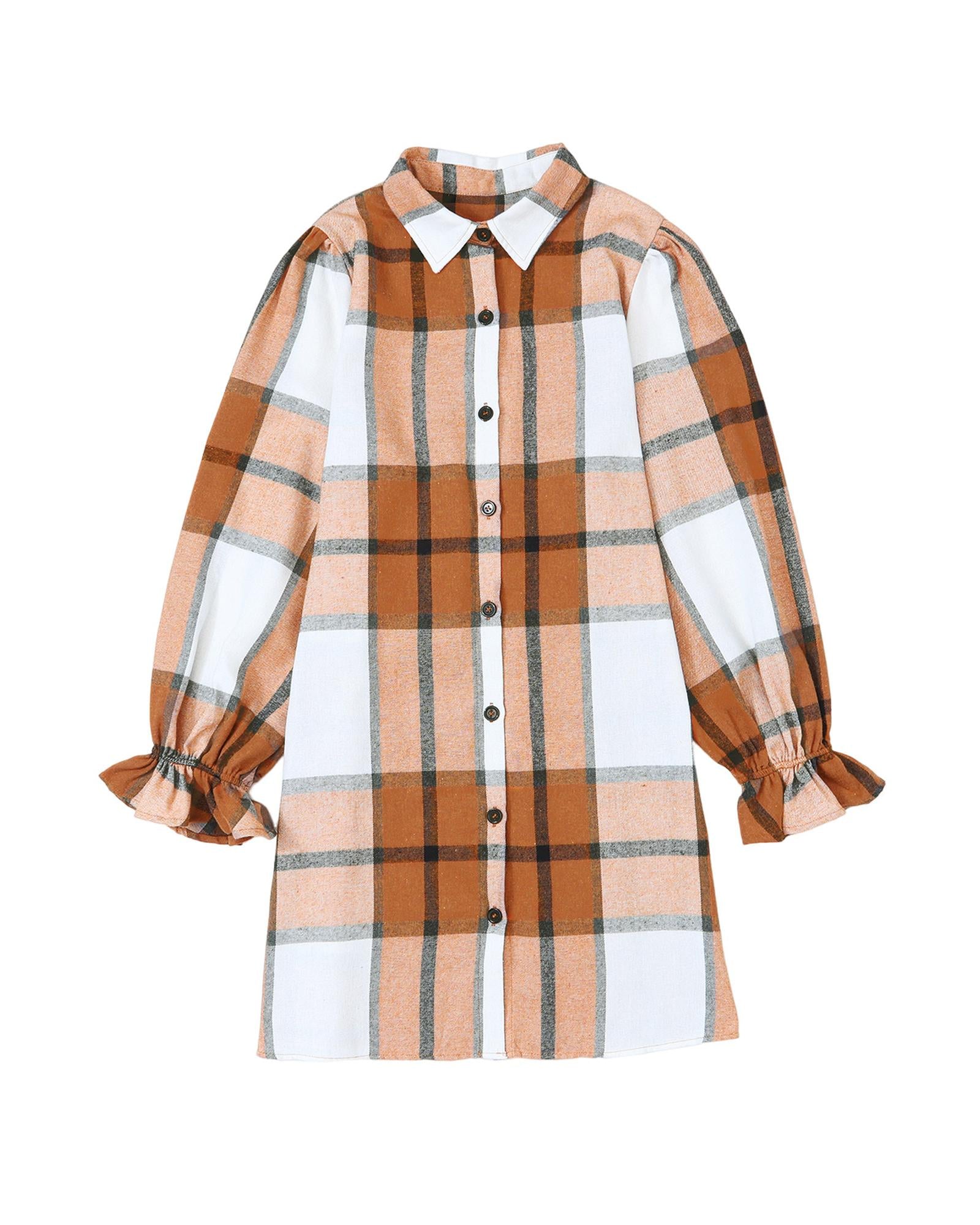Khaki Plaid Pattern Collared Neck Ruffled Sleeve Shirt Dress - L 3