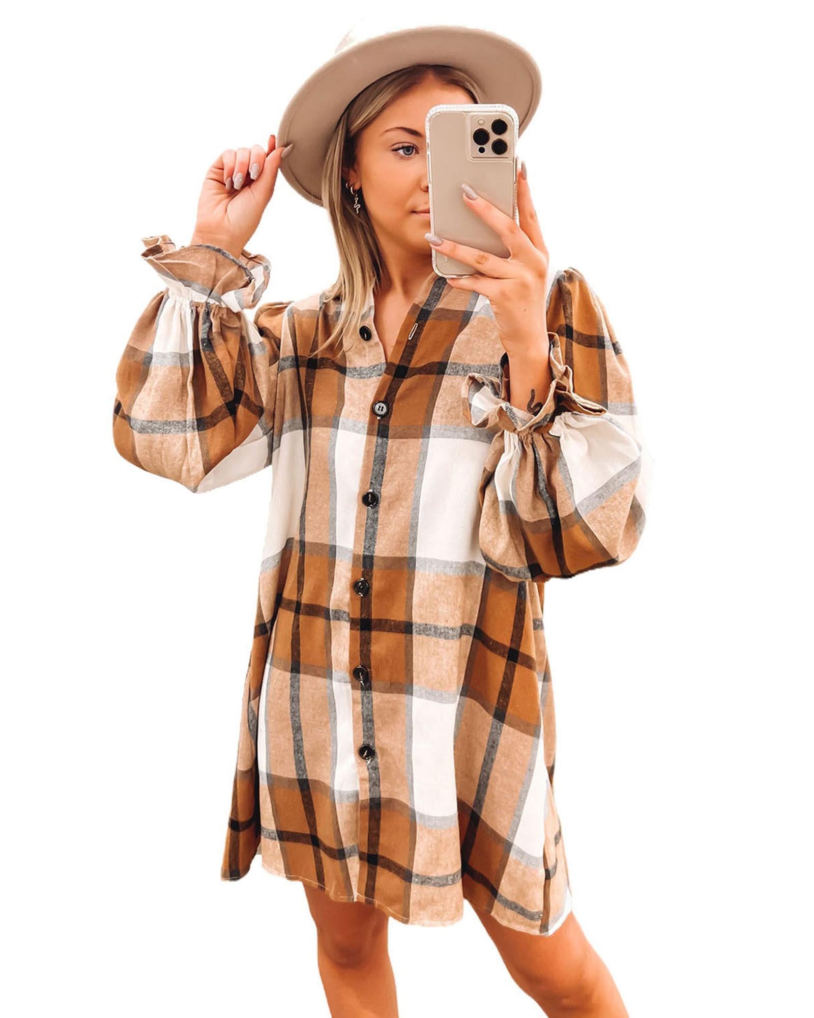 Khaki Plaid Pattern Collared Neck Ruffled Sleeve Shirt Dress - L 4