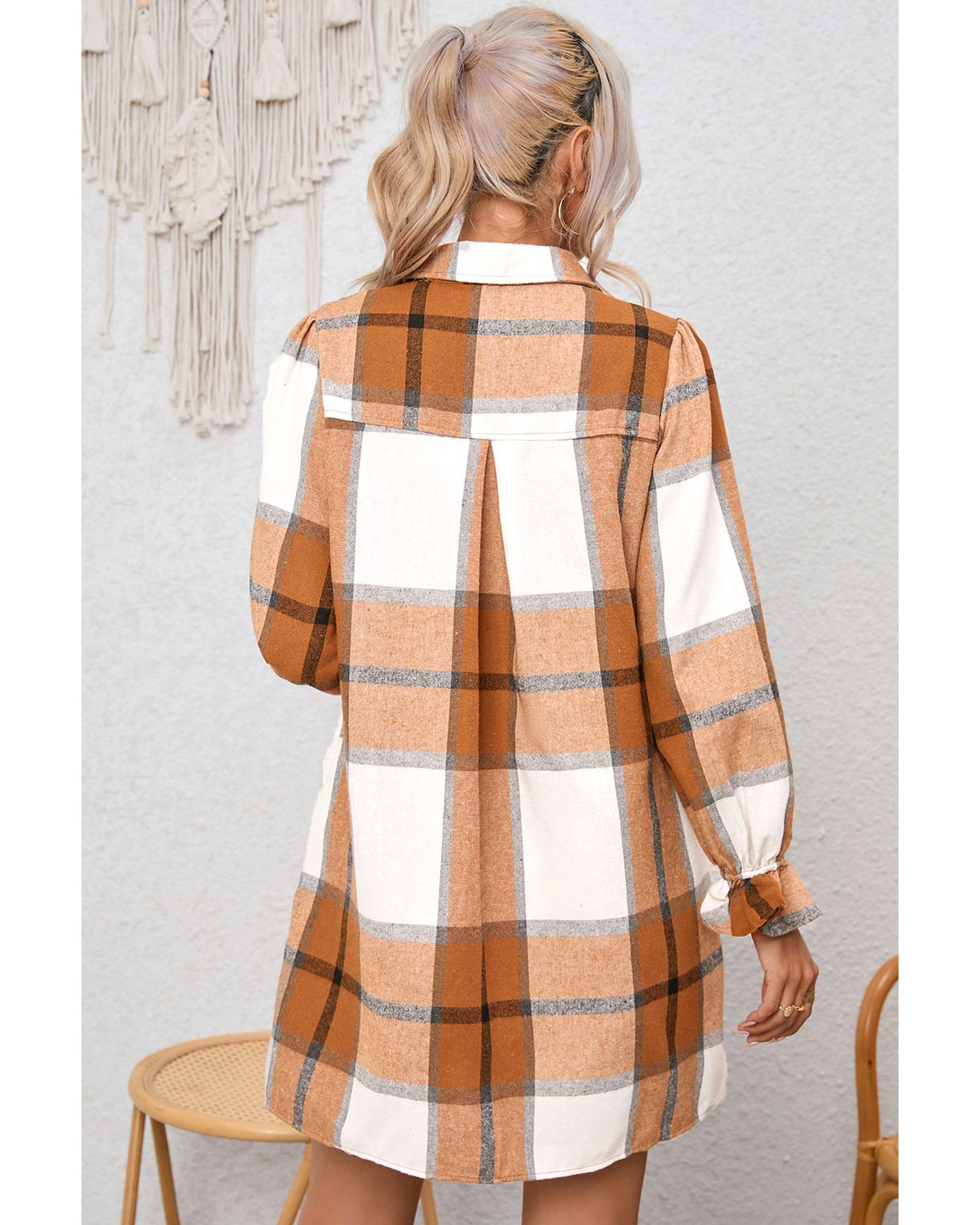 Khaki Plaid Pattern Collared Neck Ruffled Sleeve Shirt Dress - M 5