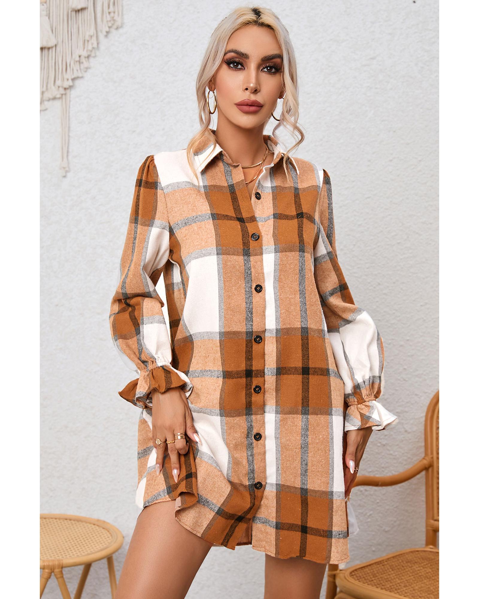 Khaki Plaid Pattern Collared Neck Ruffled Sleeve Shirt Dress - M 7