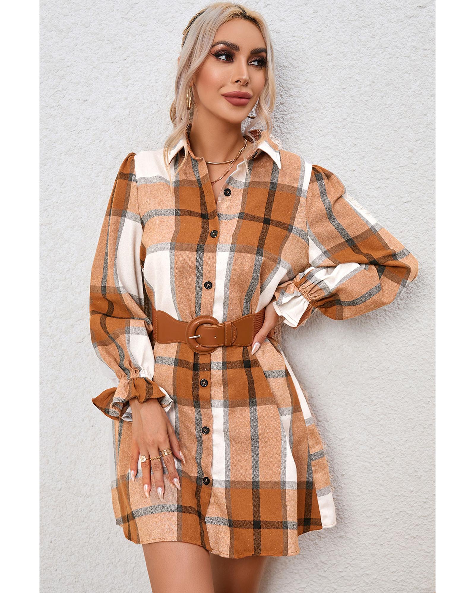 Khaki Plaid Pattern Collared Neck Ruffled Sleeve Shirt Dress - S 6