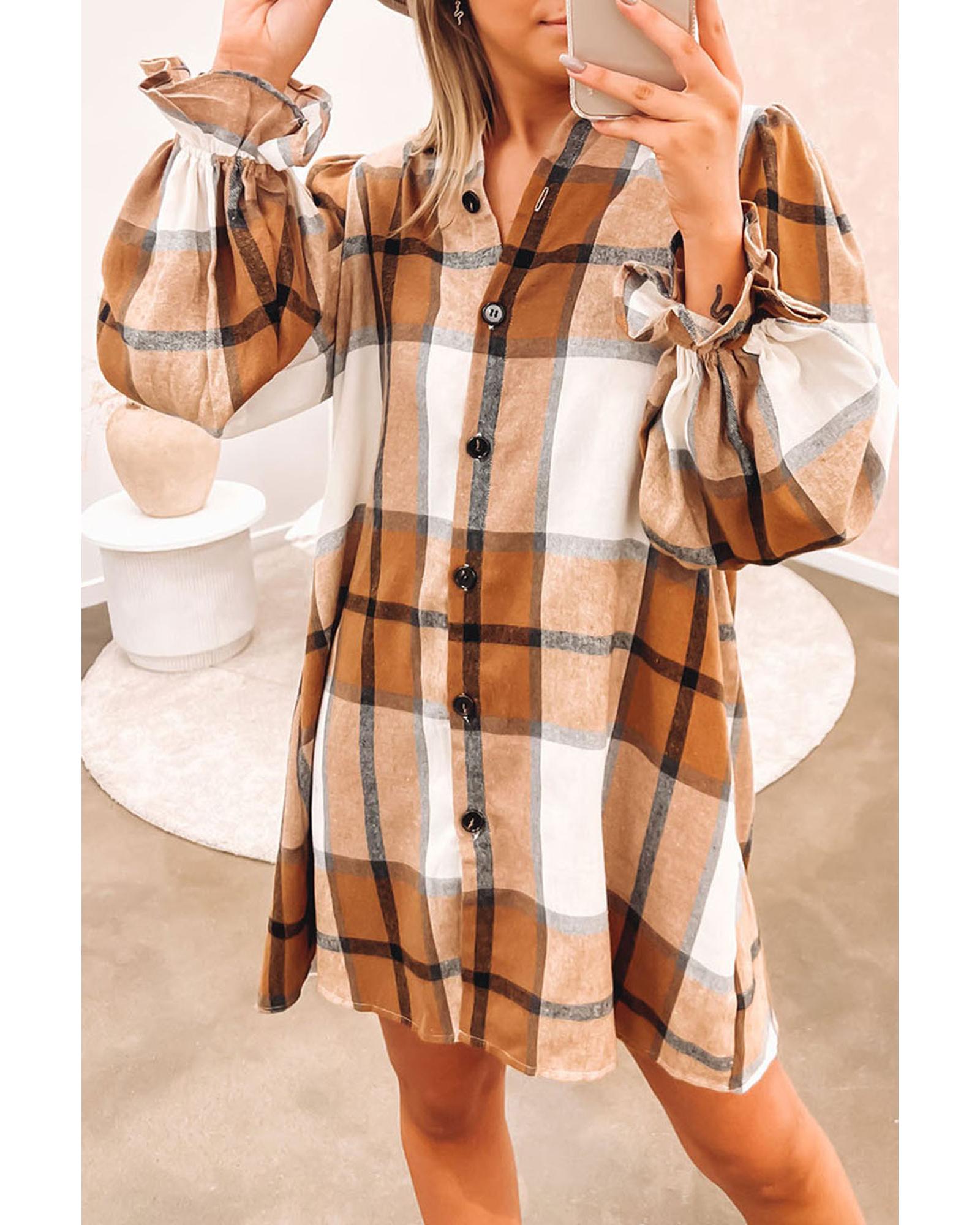 Khaki Plaid Pattern Collared Neck Ruffled Sleeve Shirt Dress - S 8
