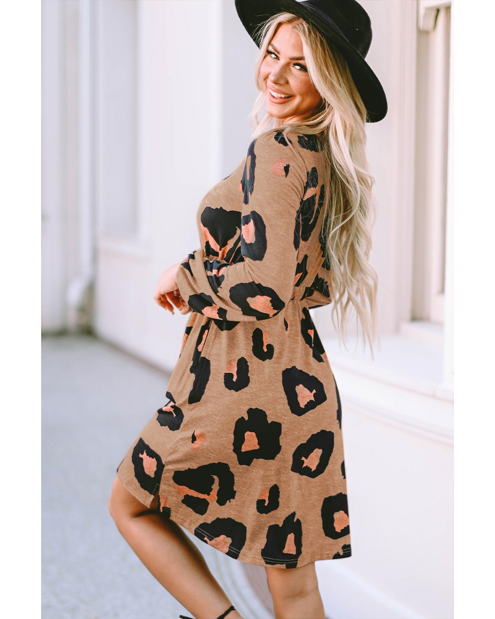 Leopard Print Button Front Bubble Sleeve Loose Knit Dress - L 4