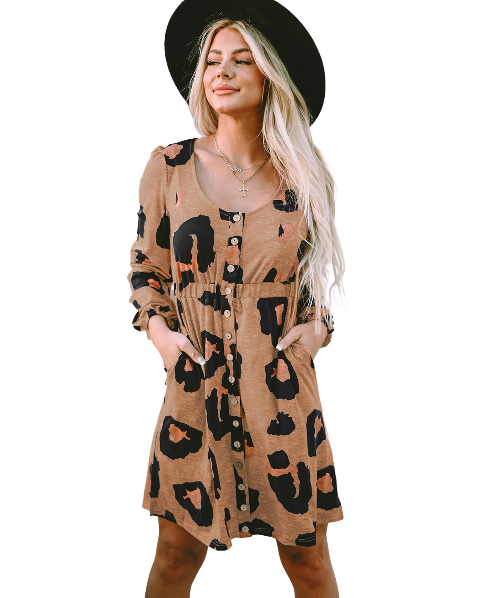 Leopard Print Button Front Bubble Sleeve Loose Knit Dress - M 5