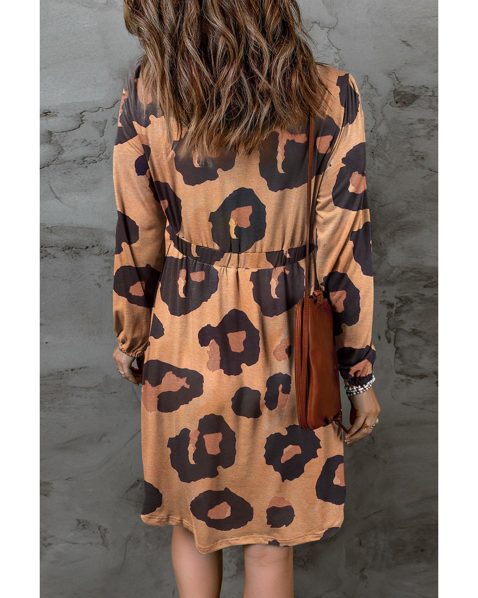 Leopard Print Button Front Bubble Sleeve Loose Knit Dress - M 8