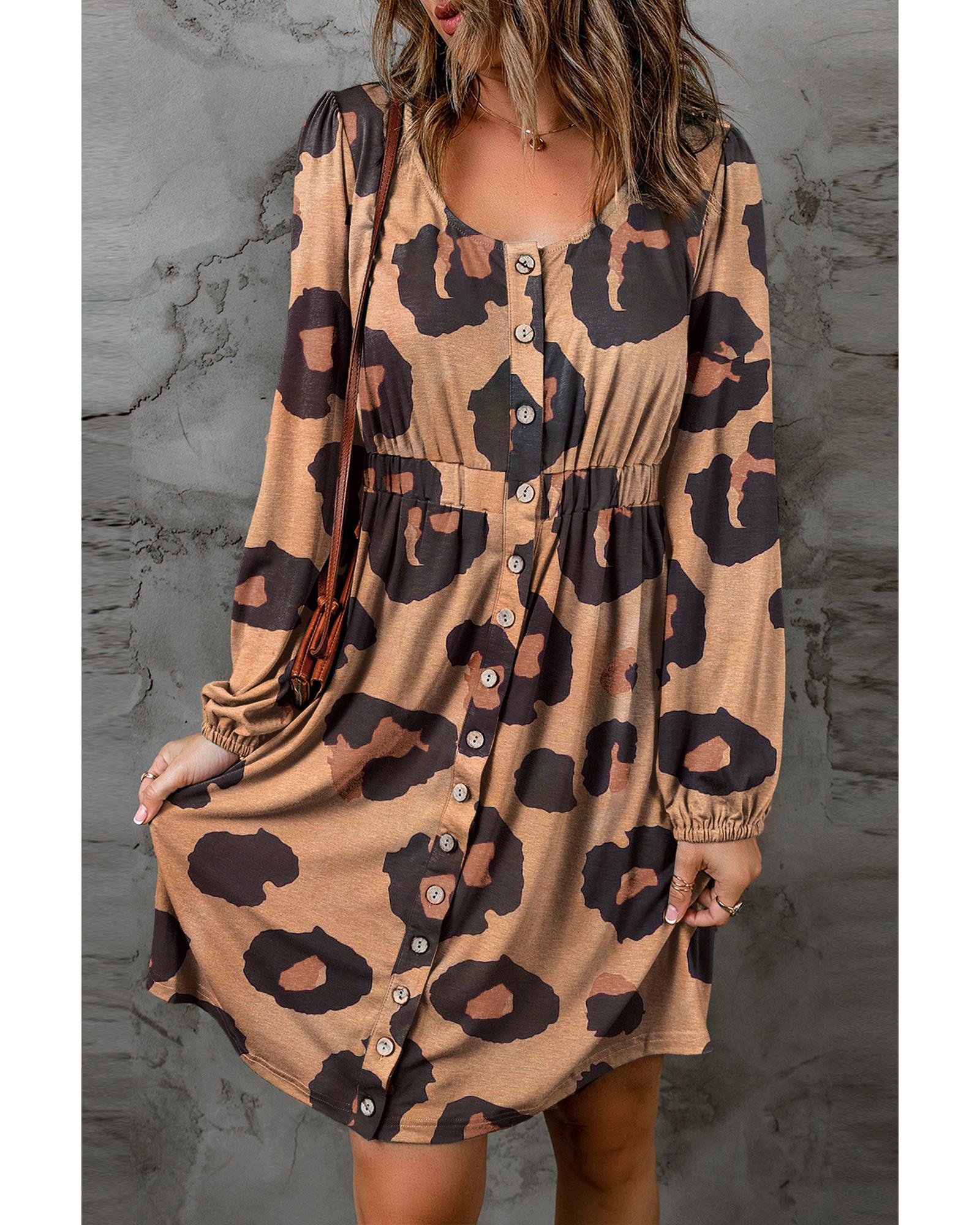 Leopard Print Button Front Bubble Sleeve Loose Knit Dress - S 3