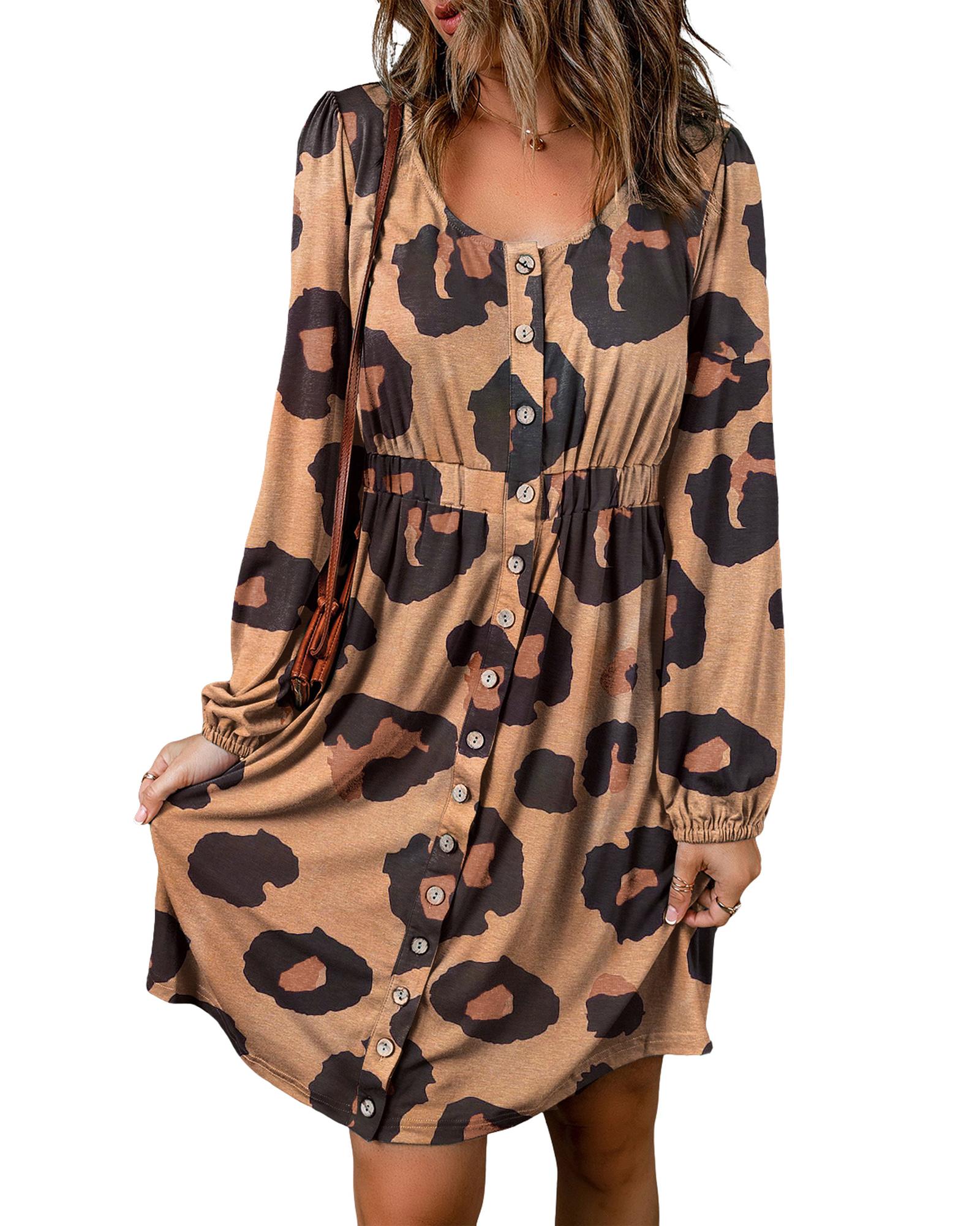 Leopard Print Button Front Bubble Sleeve Loose Knit Dress - XL 3