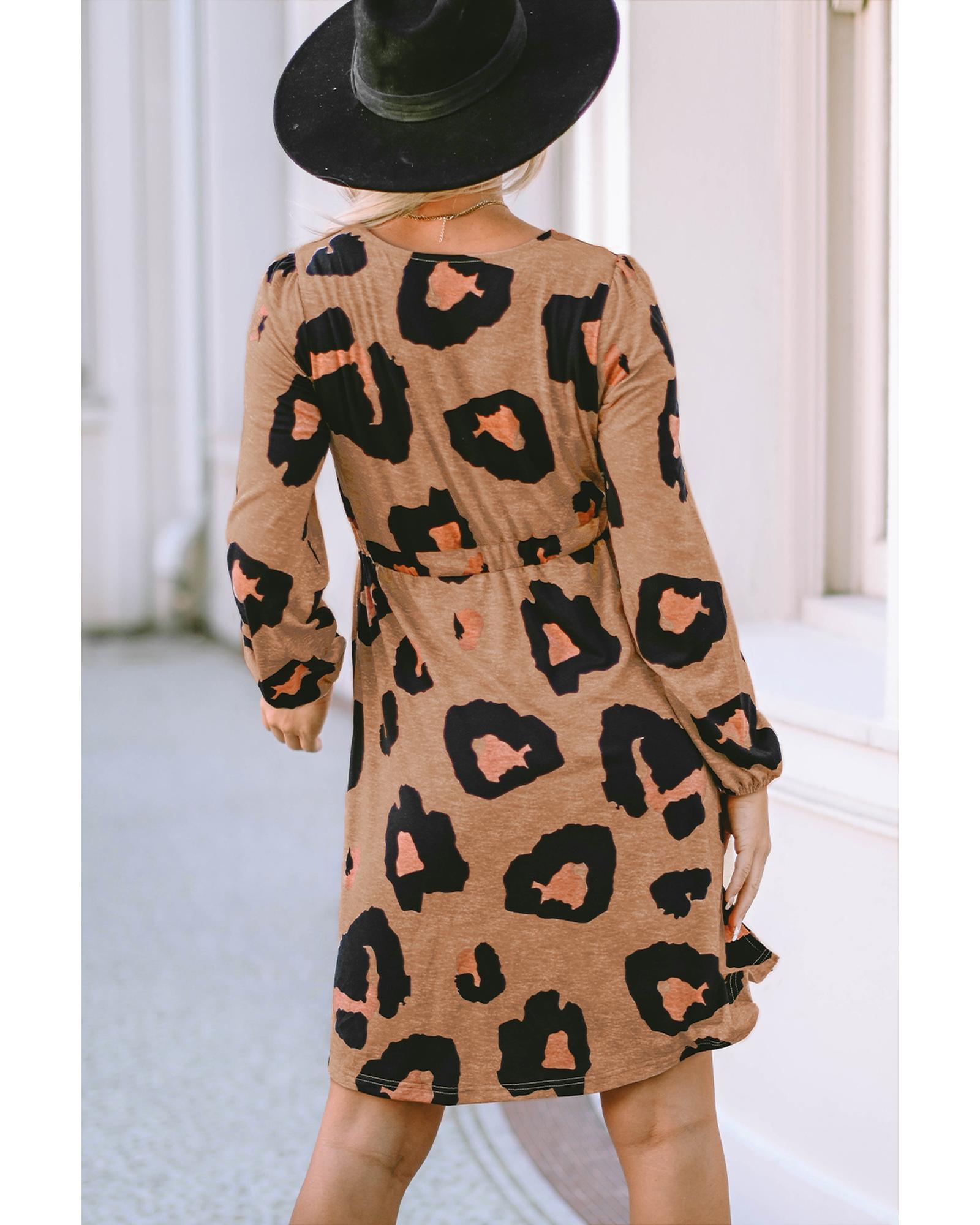 Leopard Print Button Front Bubble Sleeve Loose Knit Dress - XL 7