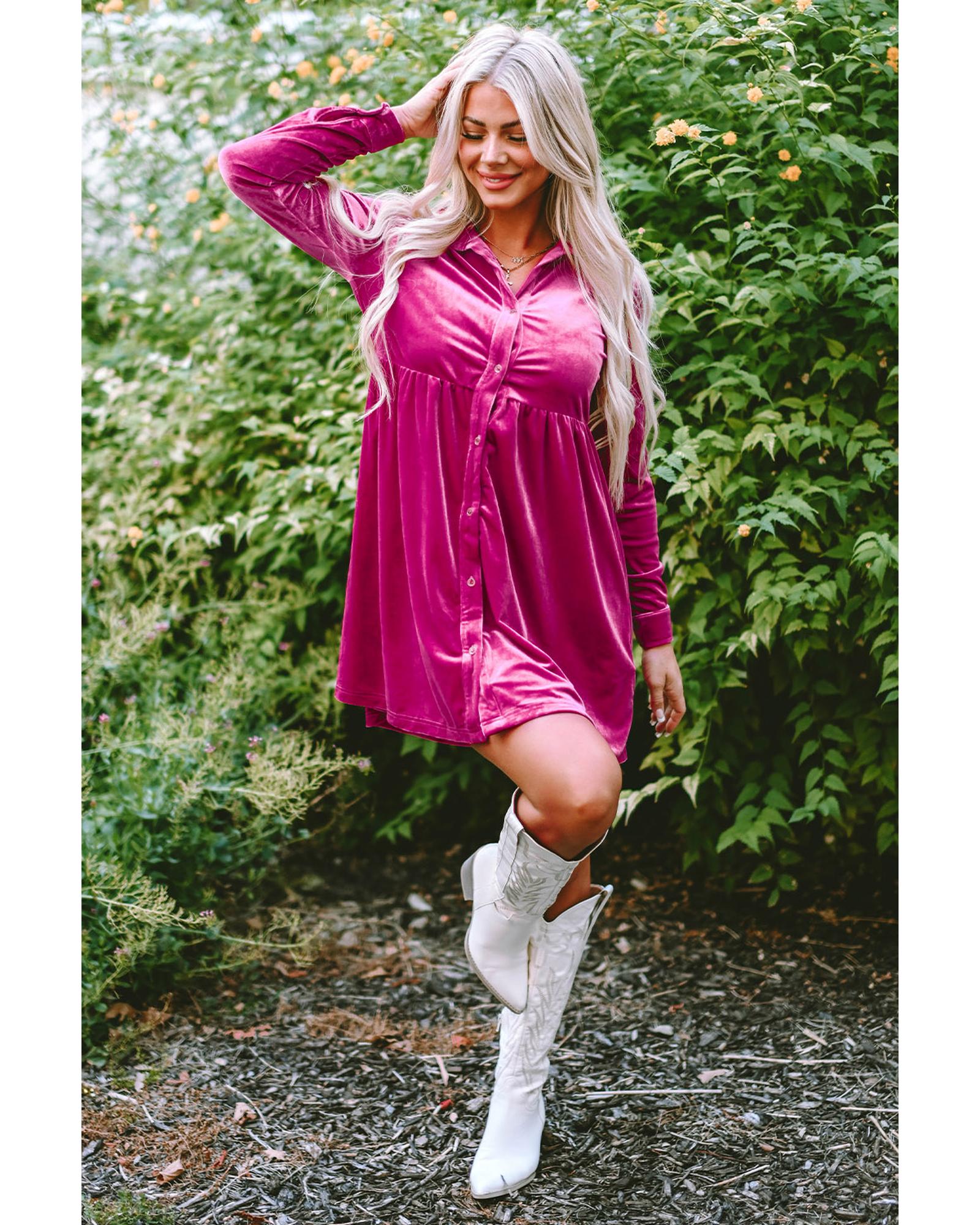 Azura Exchange Rose Long Sleeve Ruffle Velvet Button Up Dress - L 3