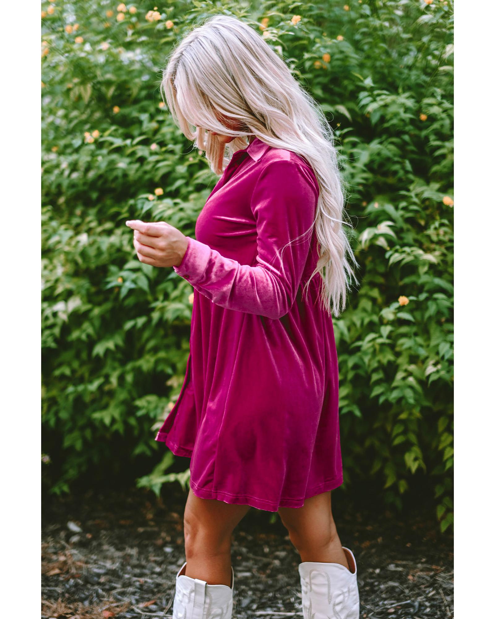 Azura Exchange Rose Long Sleeve Ruffle Velvet Button Up Dress - L 5