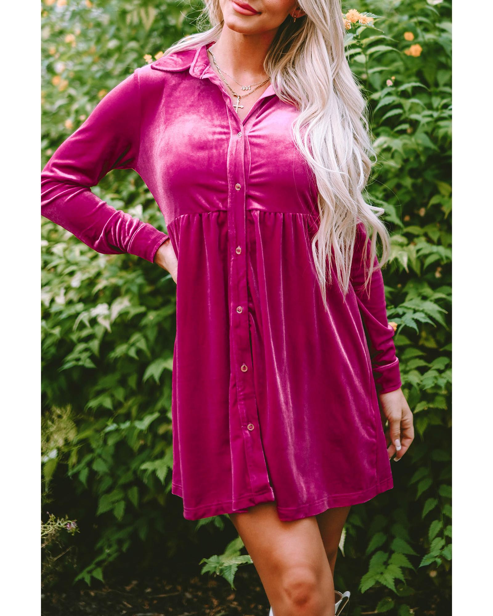 Azura Exchange Rose Long Sleeve Ruffle Velvet Button Up Dress - L 6