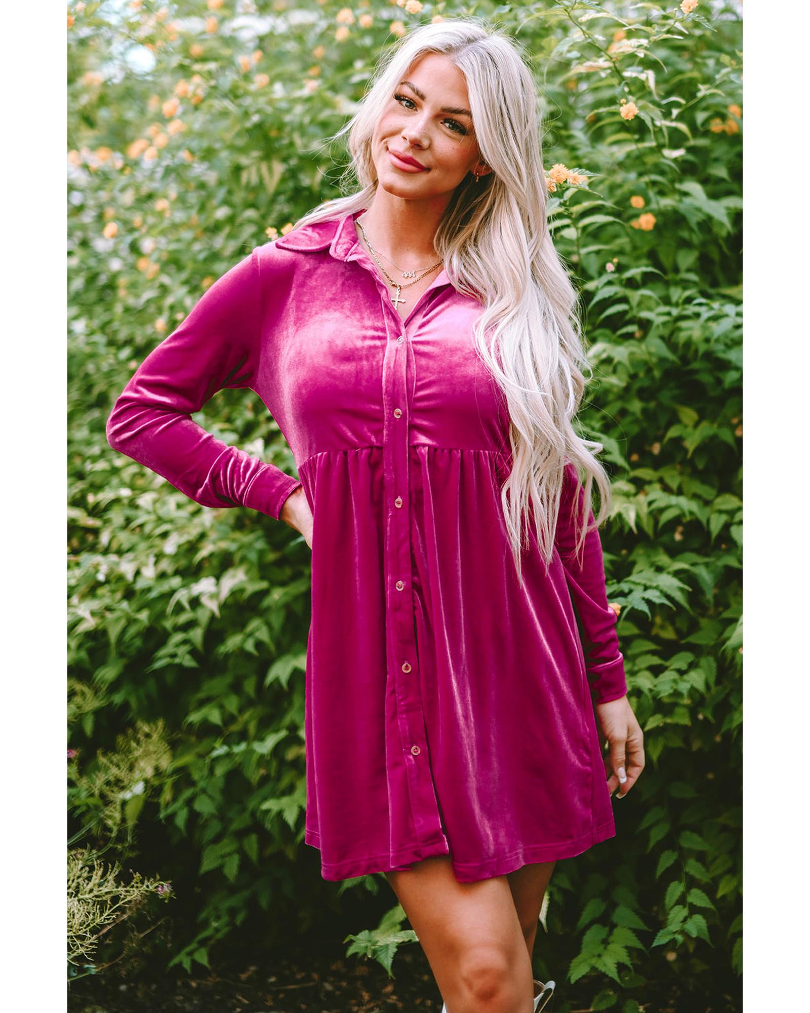 Azura Exchange Rose Long Sleeve Ruffle Velvet Button Up Dress - XL 4
