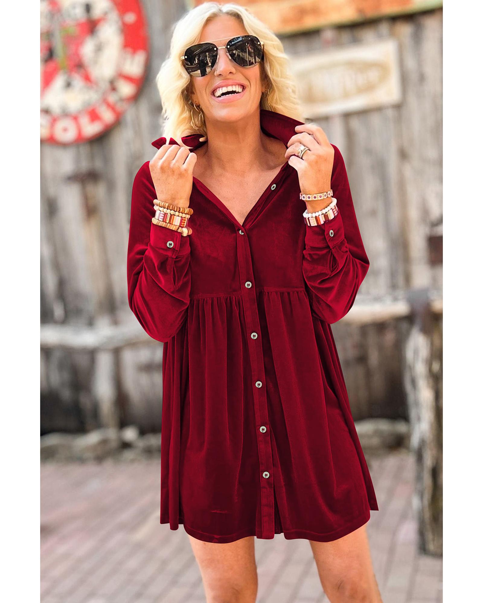 Red Long Sleeve Ruffle Velvet Button Up Dress - L 4