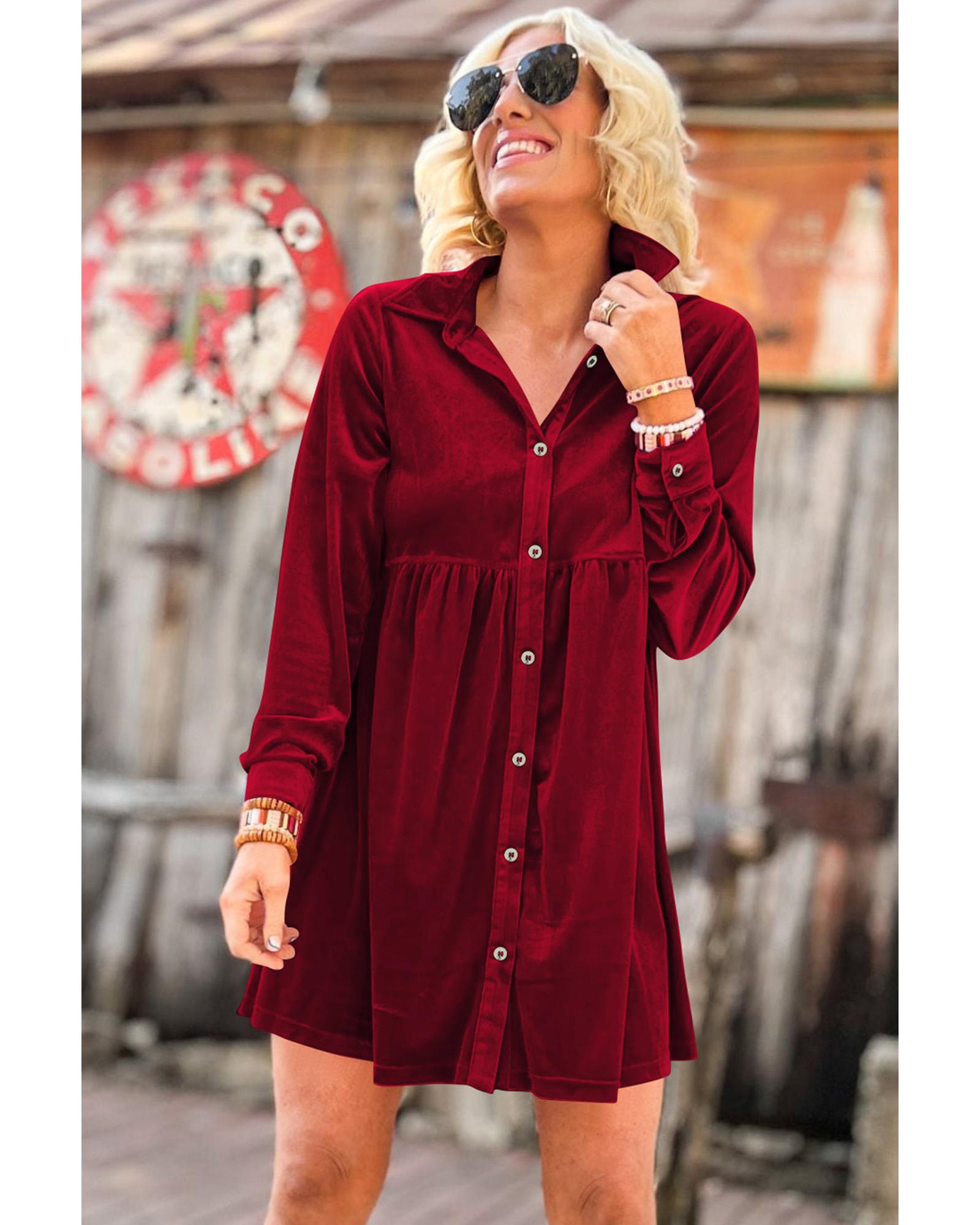 Red Long Sleeve Ruffle Velvet Button Up Dress - S