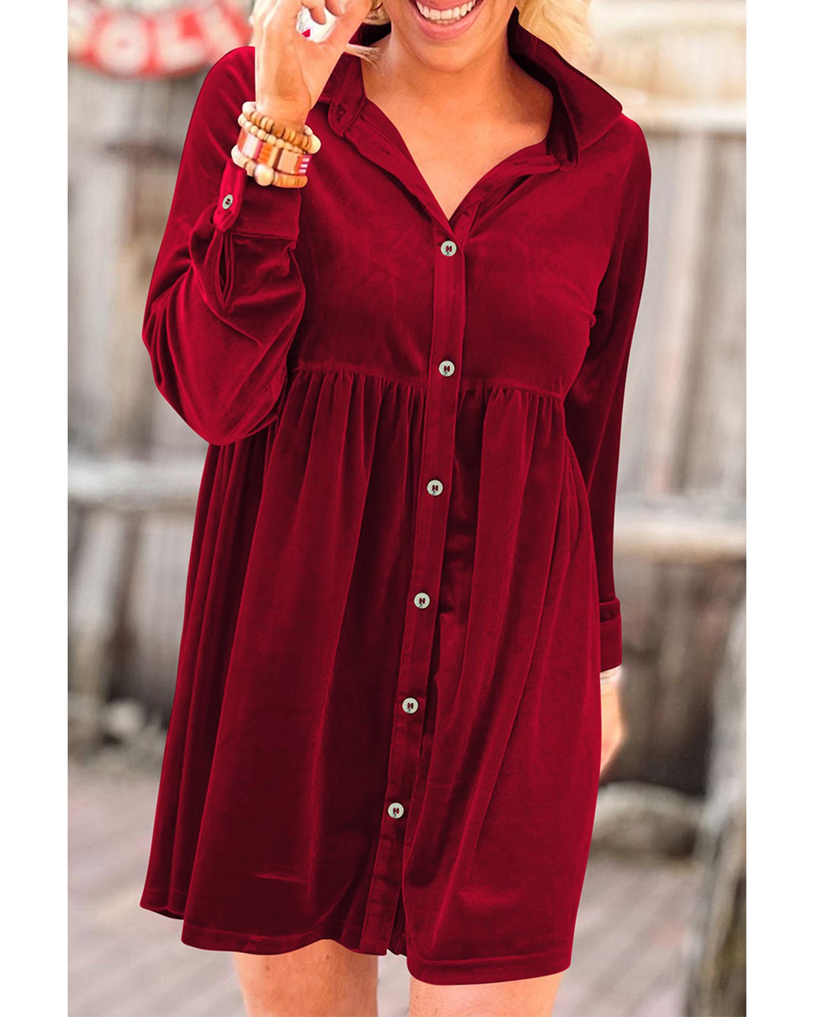 Red Long Sleeve Ruffle Velvet Button Up Dress - S 5