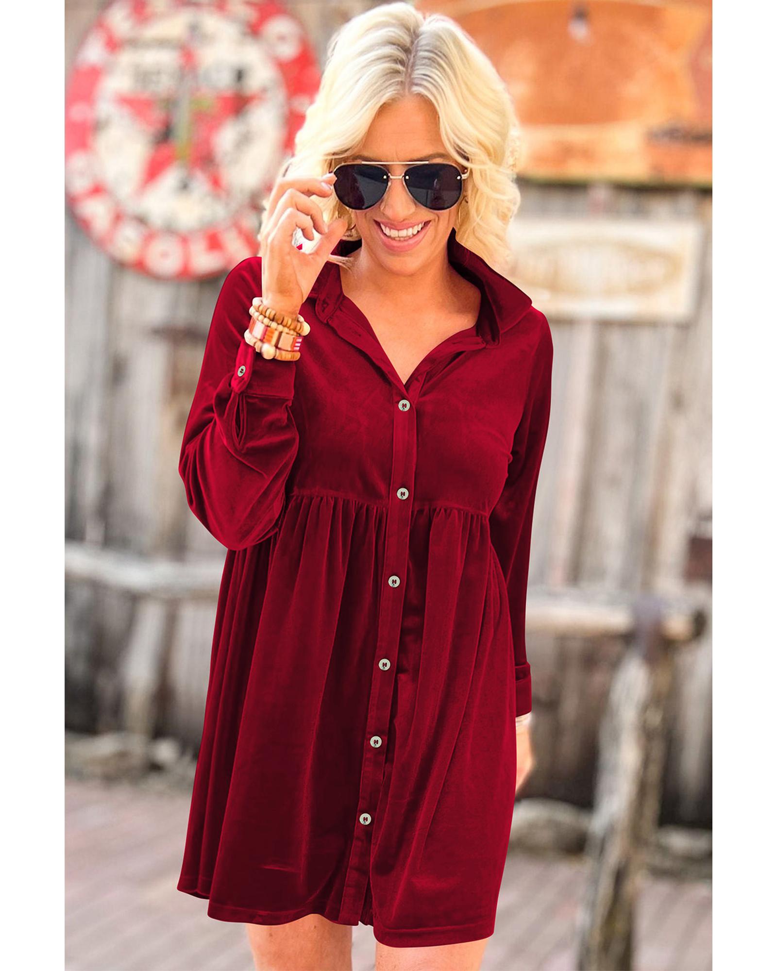 Red Long Sleeve Ruffle Velvet Button Up Dress - XL