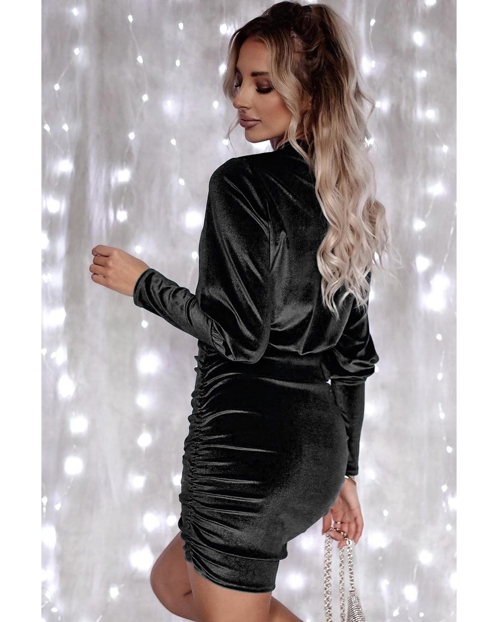 Black Velvet Puff Sleeve Ruched Bodycon Dress - L 3