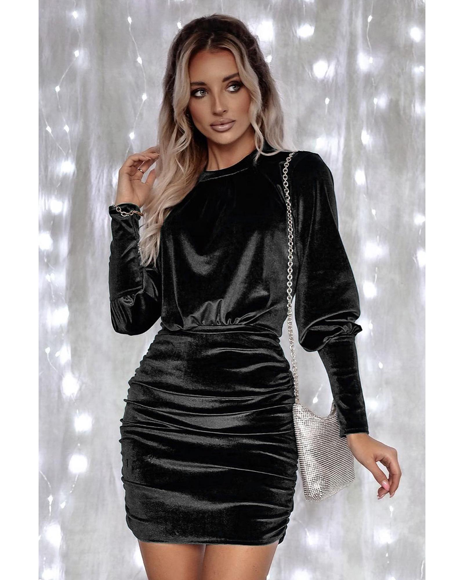 Black Velvet Puff Sleeve Ruched Bodycon Dress - L 5