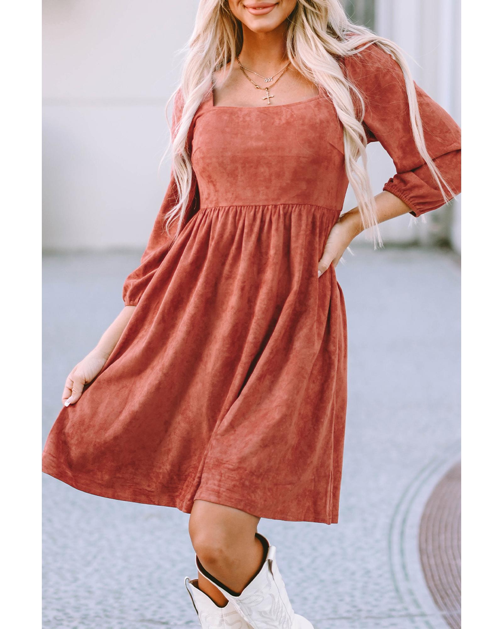 Brown Suede Square Neck Puff Sleeve Dress - XL 3