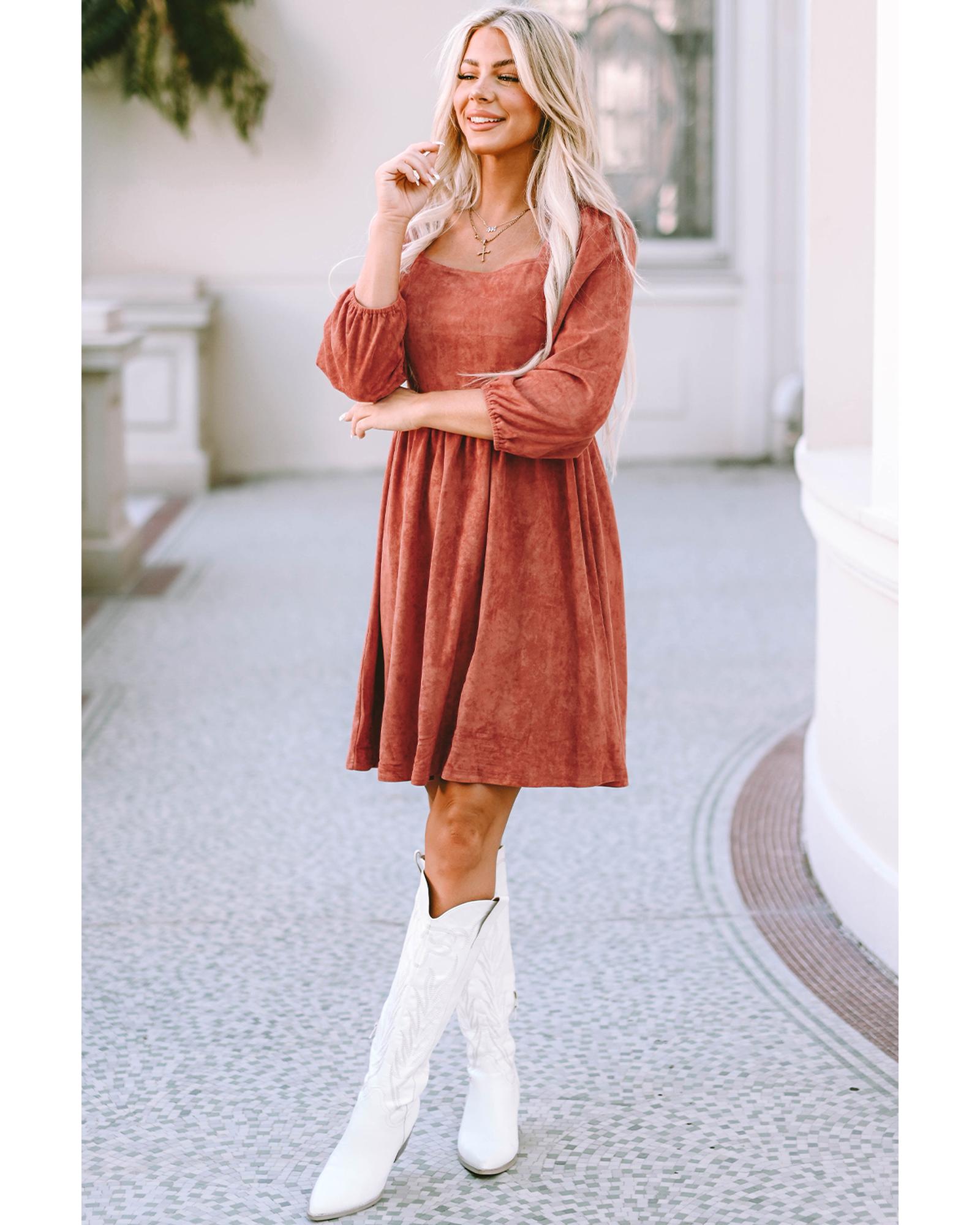Brown Suede Square Neck Puff Sleeve Dress - XL 4