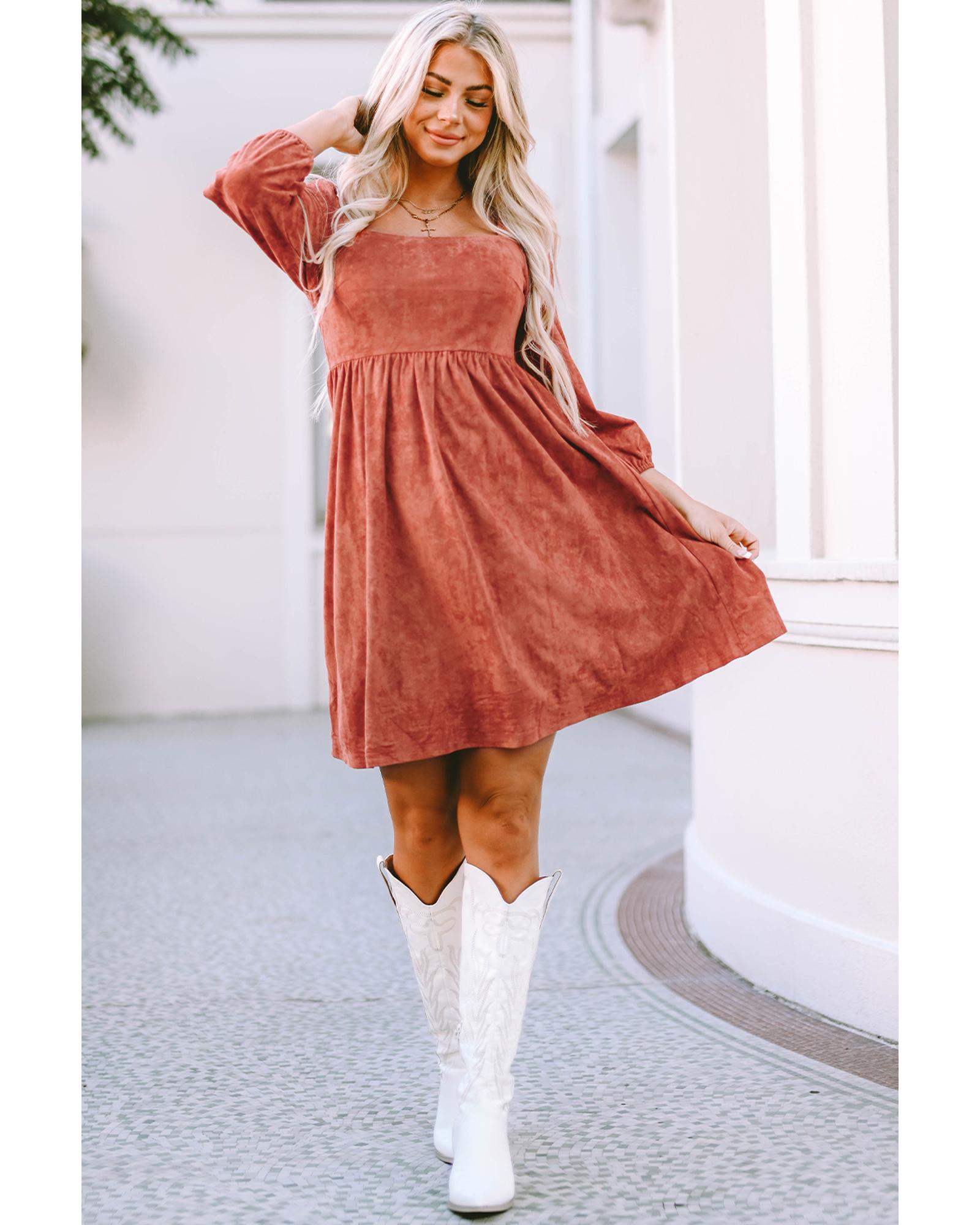 Brown Suede Square Neck Puff Sleeve Dress - XL 5