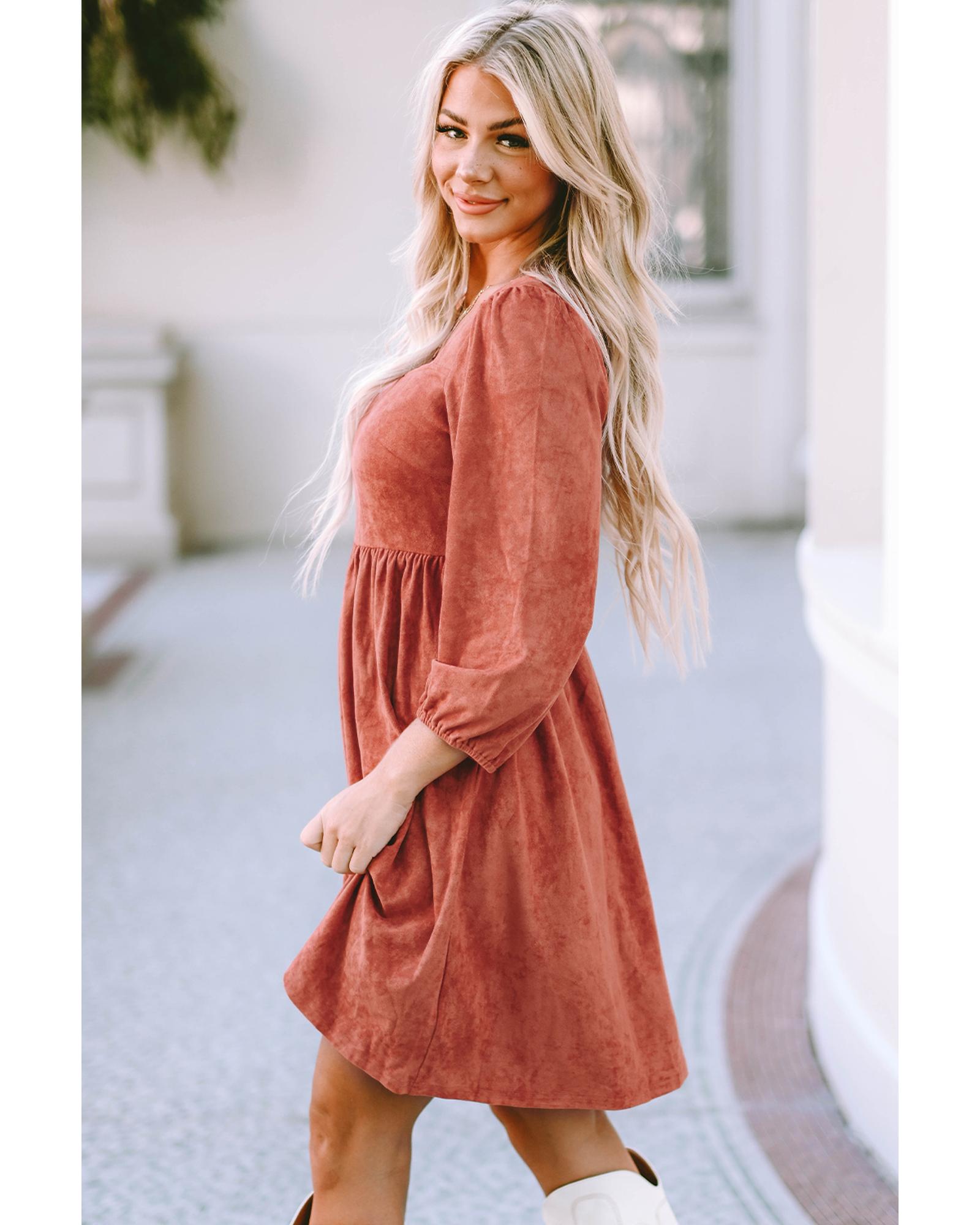 Brown Suede Square Neck Puff Sleeve Dress - XL 6