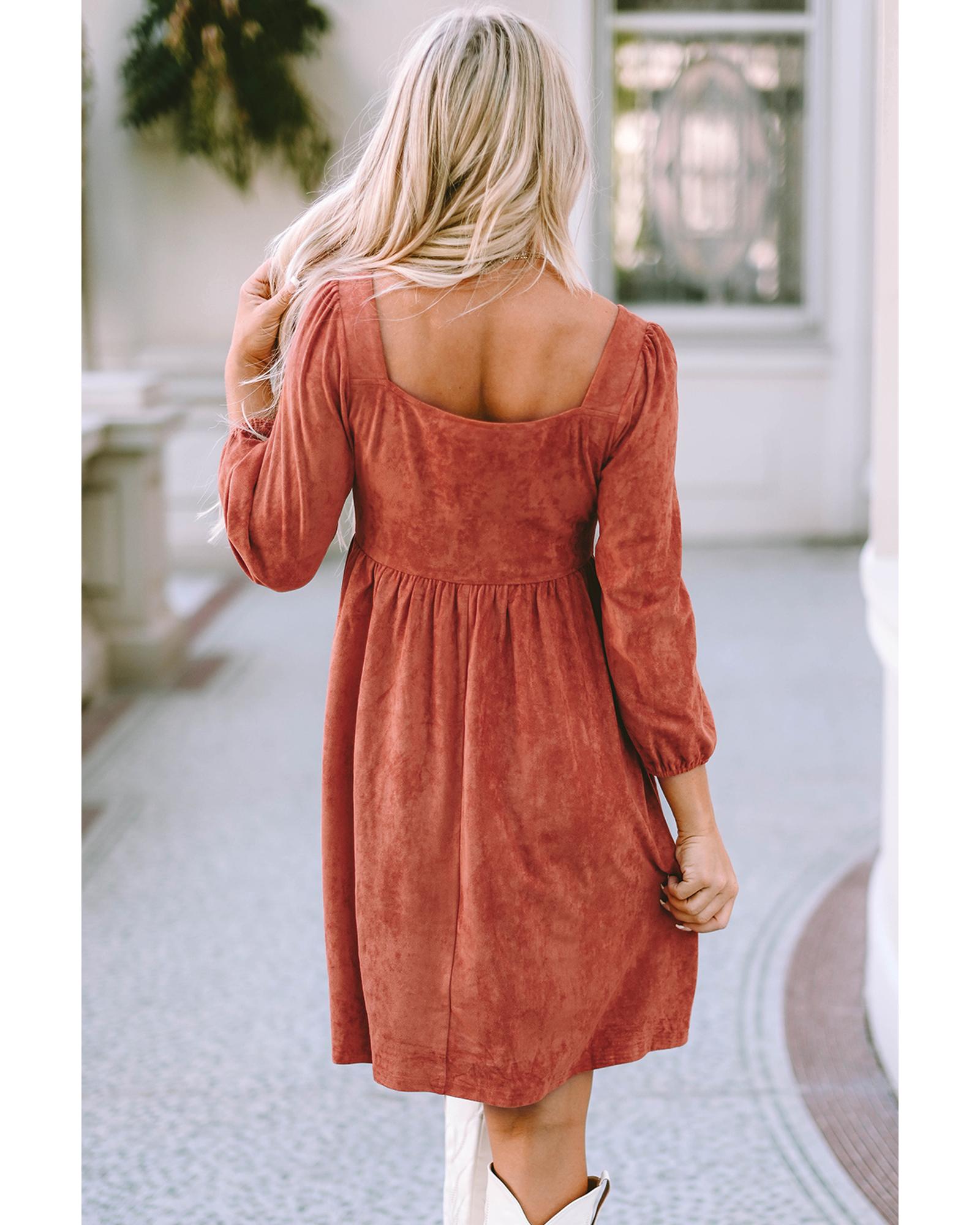 Brown Suede Square Neck Puff Sleeve Dress - XL 7