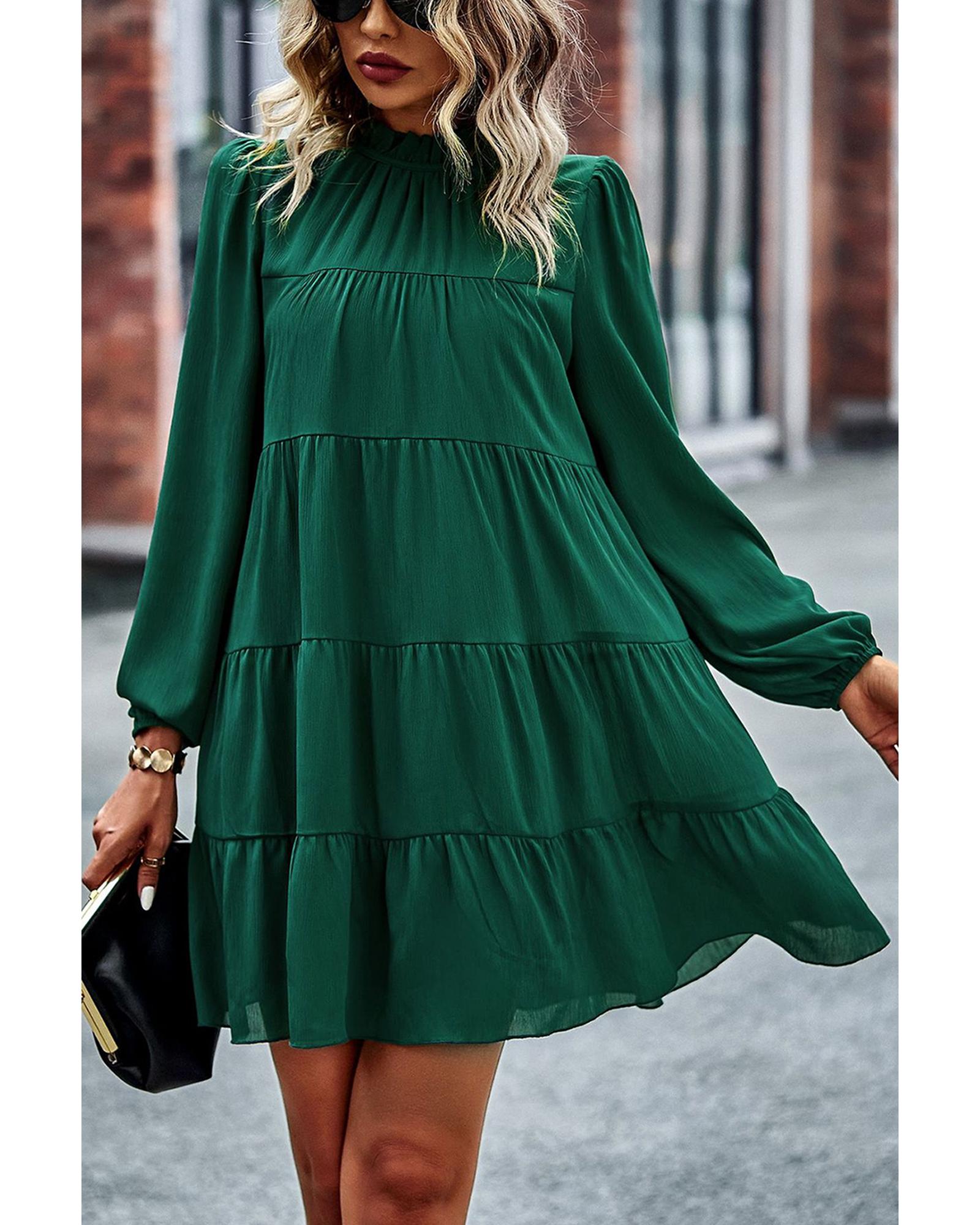 Green Puff Sleeve Mock Neck Back Knot Tiered Dress - XL
